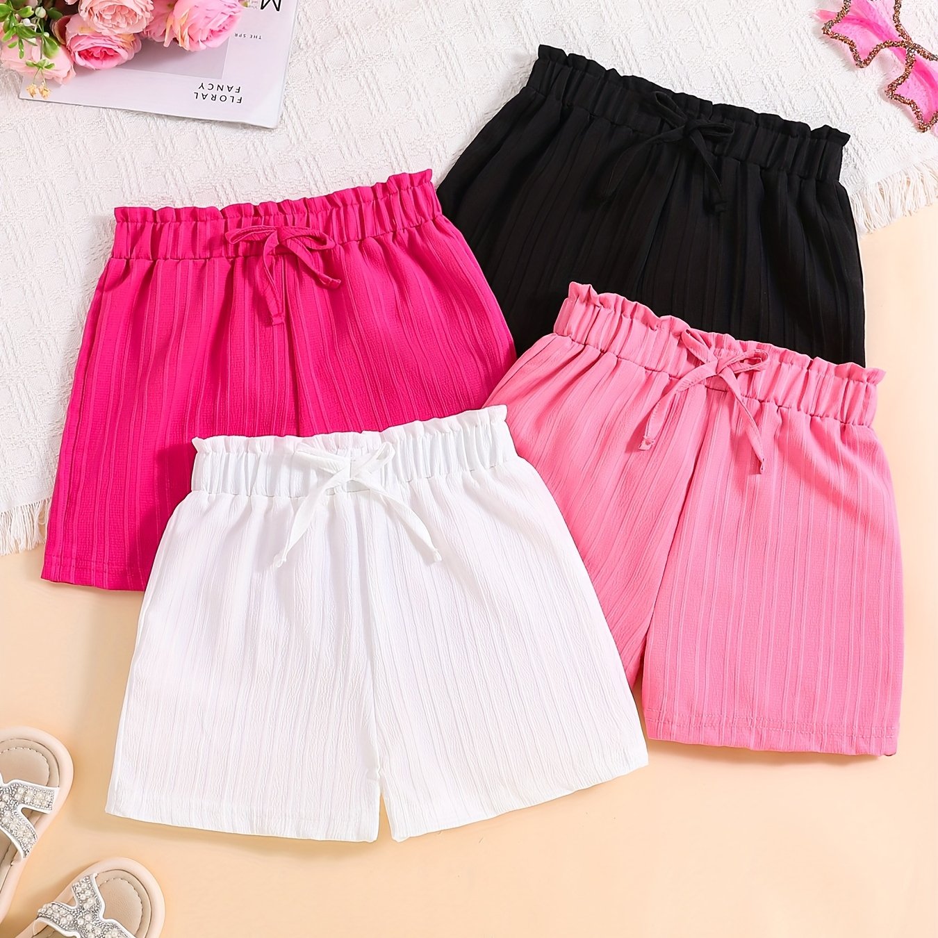 E-shop 4er-Pack Mädchen Shorty Shorts für Kinder, vielseitige modische Outdoor-Bekleidung, gestreifte Stoff-Schleifchen-Shorts, elastischer Bund,