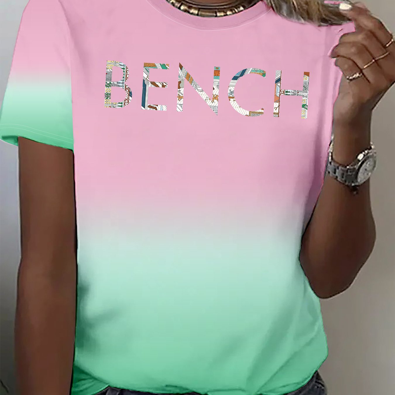 TEMU Women's Mint Pink Ombre T-shirt With -like Lettering - Casual Short Sleeve Crew Neck Summer Top, & Mint Green Blending, Relaxed Fit Casual