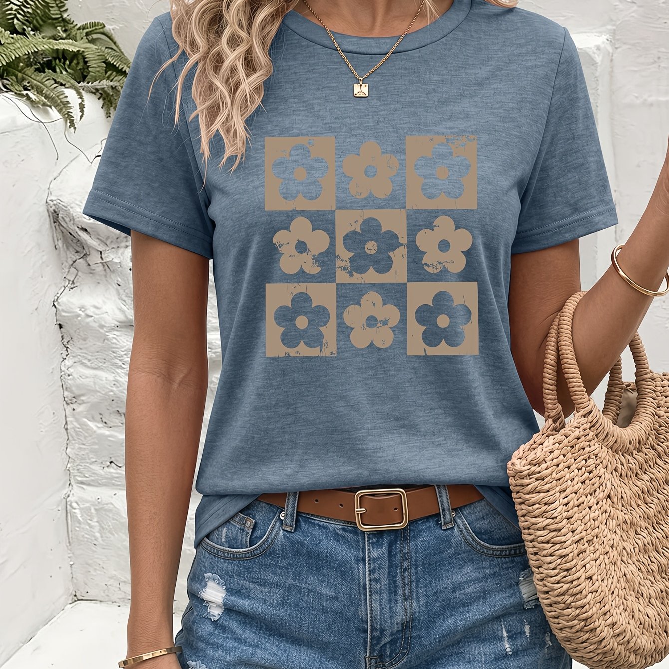 TEMU Vintage Checkerboard Floral Print Round Neck Colored T-shirt, Soft And Comfortable, Summer Fashion Round Neck Tee, Casual Swear, Everyday