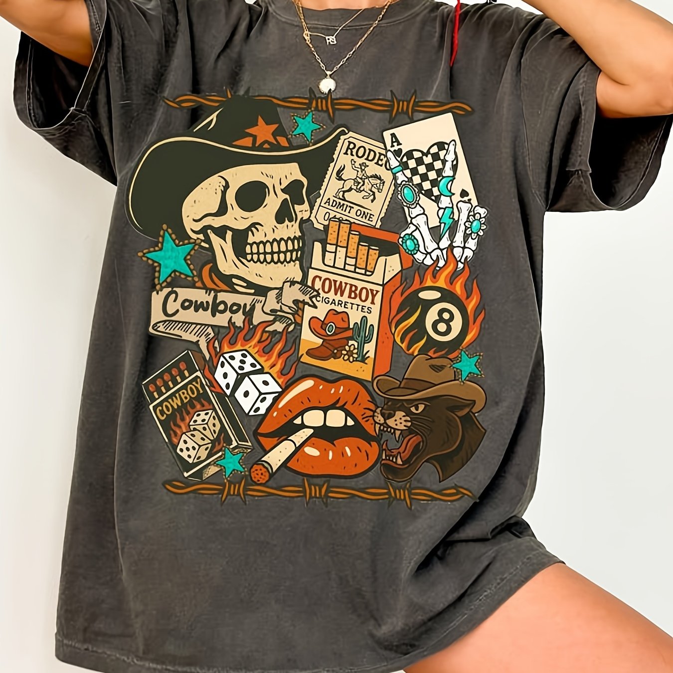 TEMU Colors Cowgirl Graphic Teewestern Trendy Shirt Men's T-shirt, 100% Fabric, Crew Neck, Short Sleeve, Regular Fit, Weekend Casual Wear, Casual