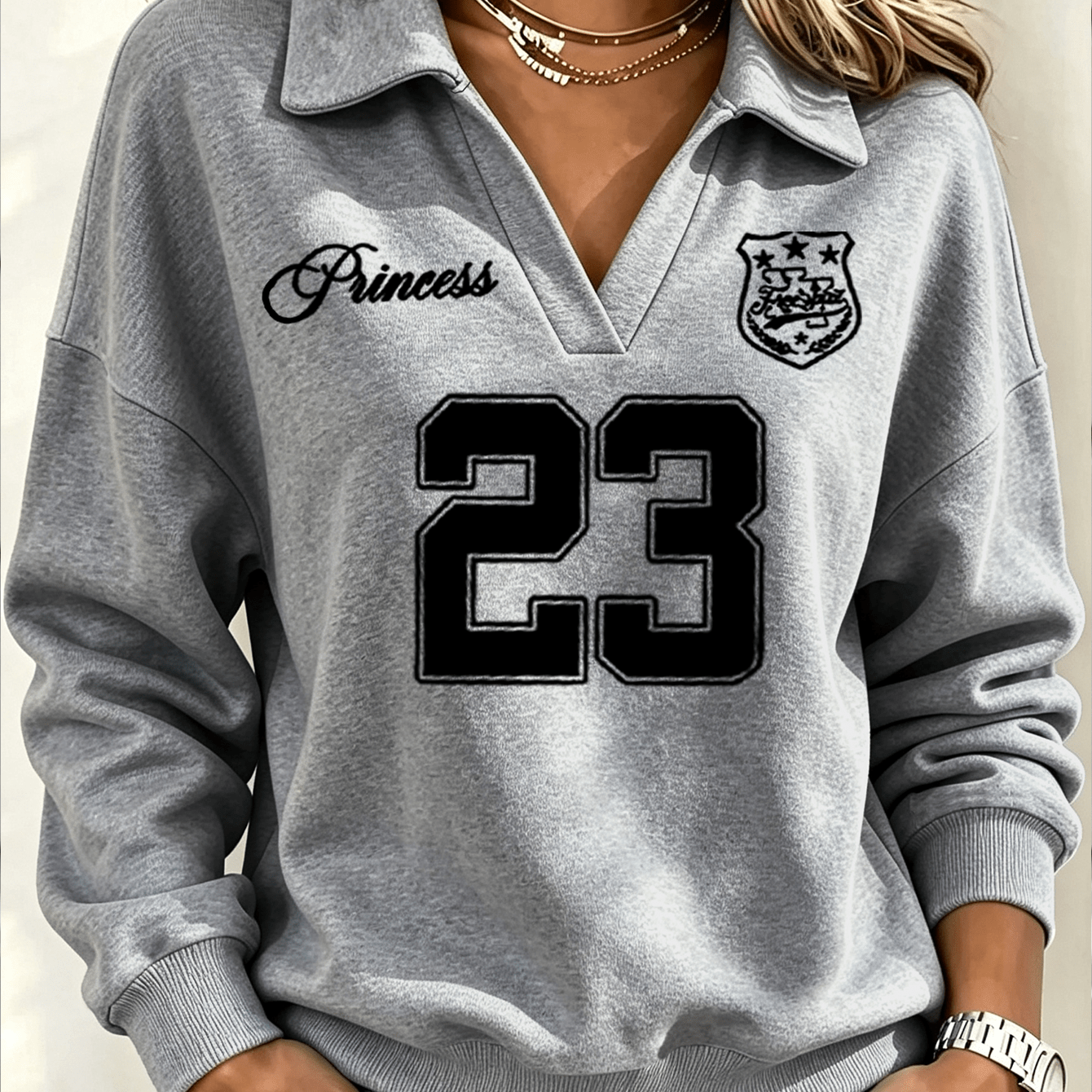 TEMU Artistic Letter 23 Print Pattern Women's Lapel Sweatshirt - Y2k Fashion Casual Sport Long Sleeve Pullover, New -lined Autumn/winter Style