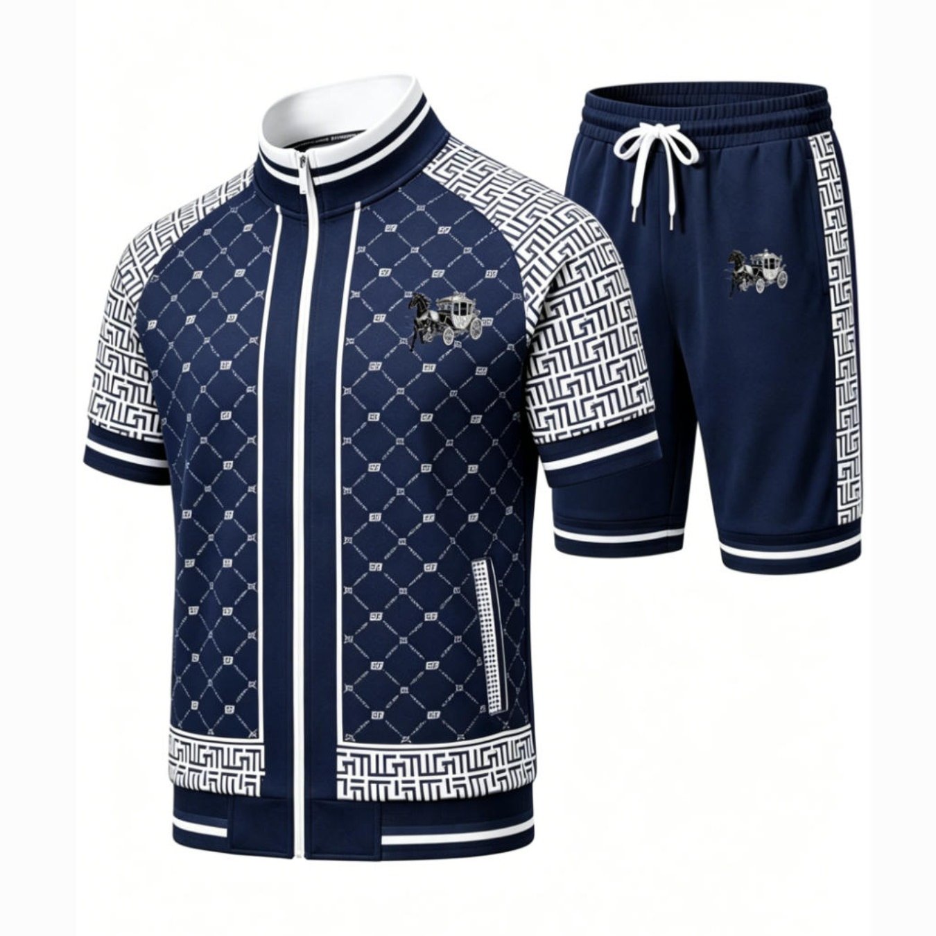 Men's Style Trendy Carriage Horse Graphic Short Sleeve Zip Up Jacket Shorts Set Casual Sportswear Adult Male Daily Wear Holiday Gift