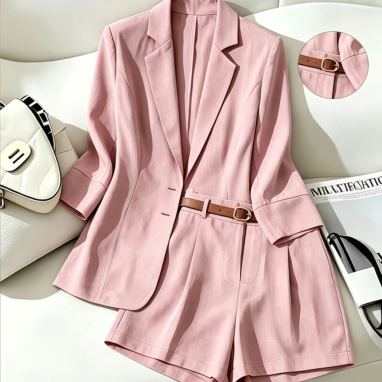 TEMU Elegant Solid Color Blazer And Belted Shorts Fashion Suit, Elegant Suit, Business, Office Outfit, Belt Accessory, Blazer Thin Coat And Shorts