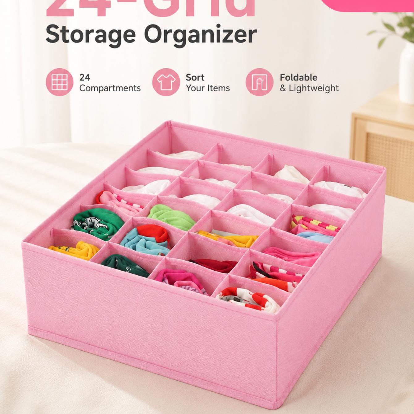 TEMU 1pc,pink 24-slot Drawer Separation Storage Organizer,light Foldable Breathable Fabric Storage Tray,neat Classified Drawer Space Organizer For