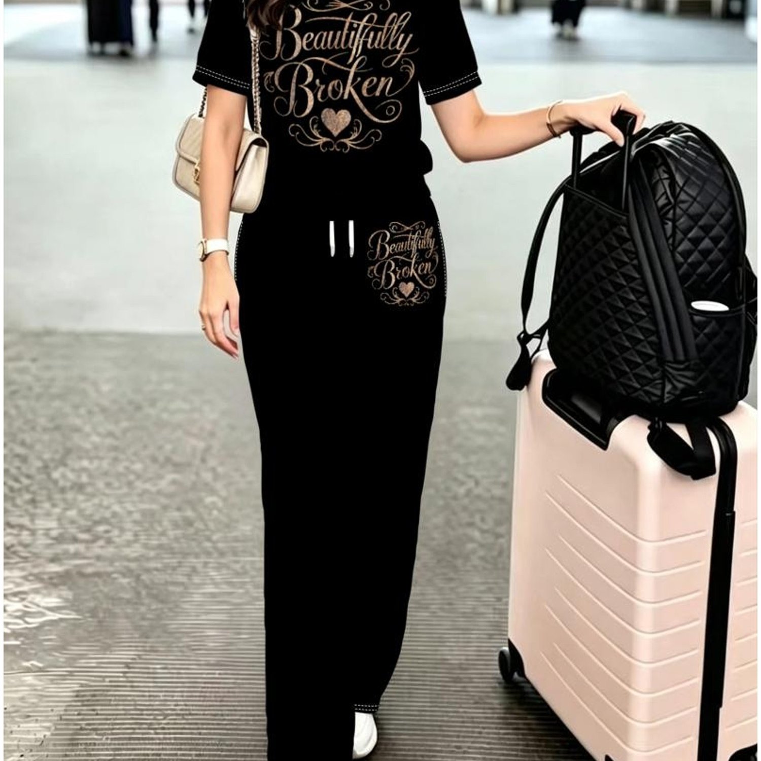 TEMU [printed Design-not Textured] Women's Halloween Pants Set, Mixed Colors, Multi-sizes Available, Elegant "" Golden Lettering And , Suitable For