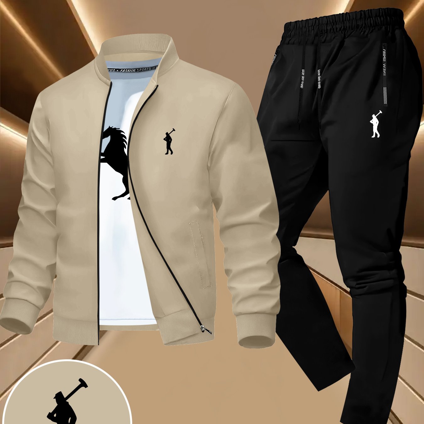 TEMU Men's , Golf Pattern Jacket Two-piece Set, Casual Youth Business Baseball Uniform Collar Sports Suit