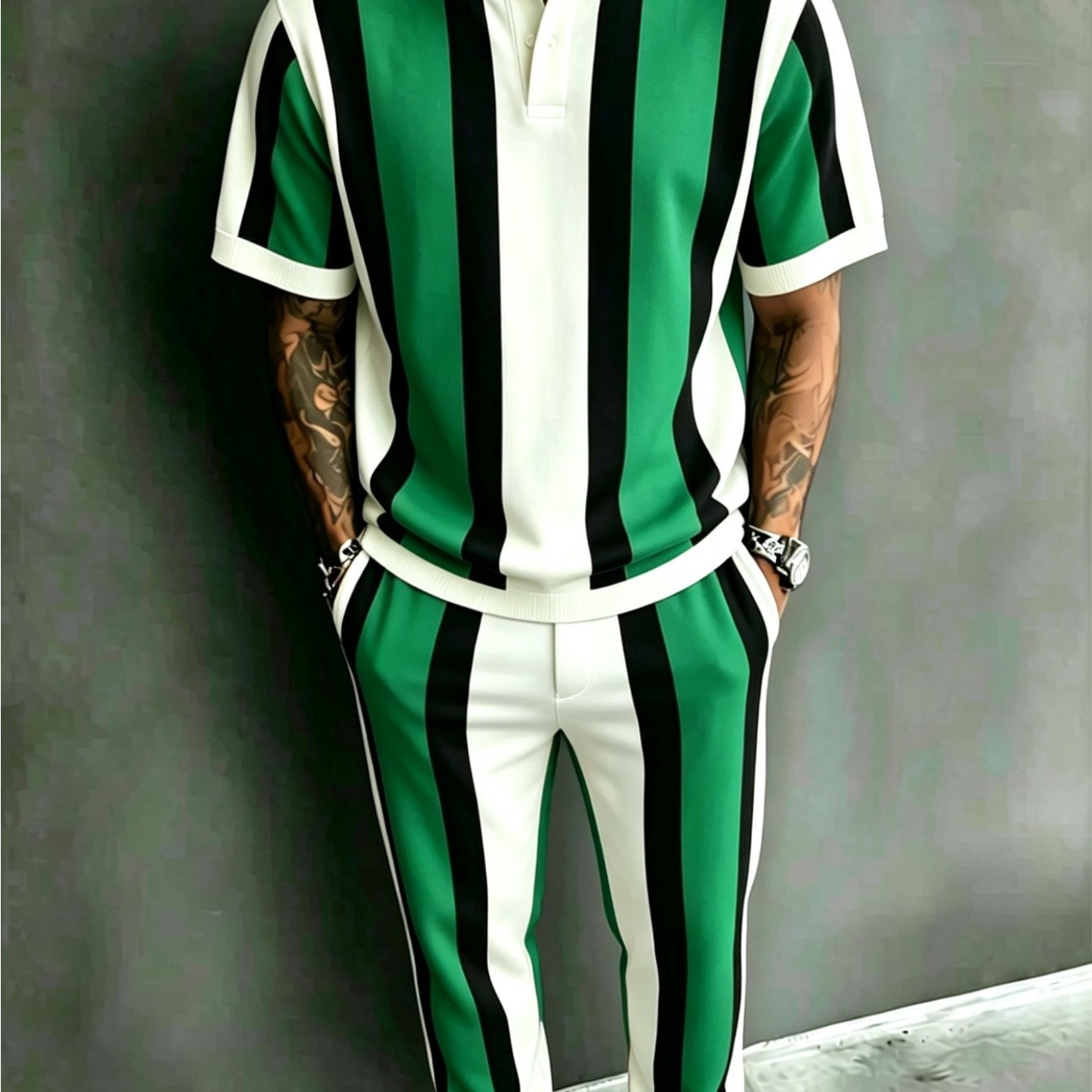 Summer Men's Retro Color- Vertical Stripe Set! Orange, White, And Black Trendy 2pcs Set, The Of Style