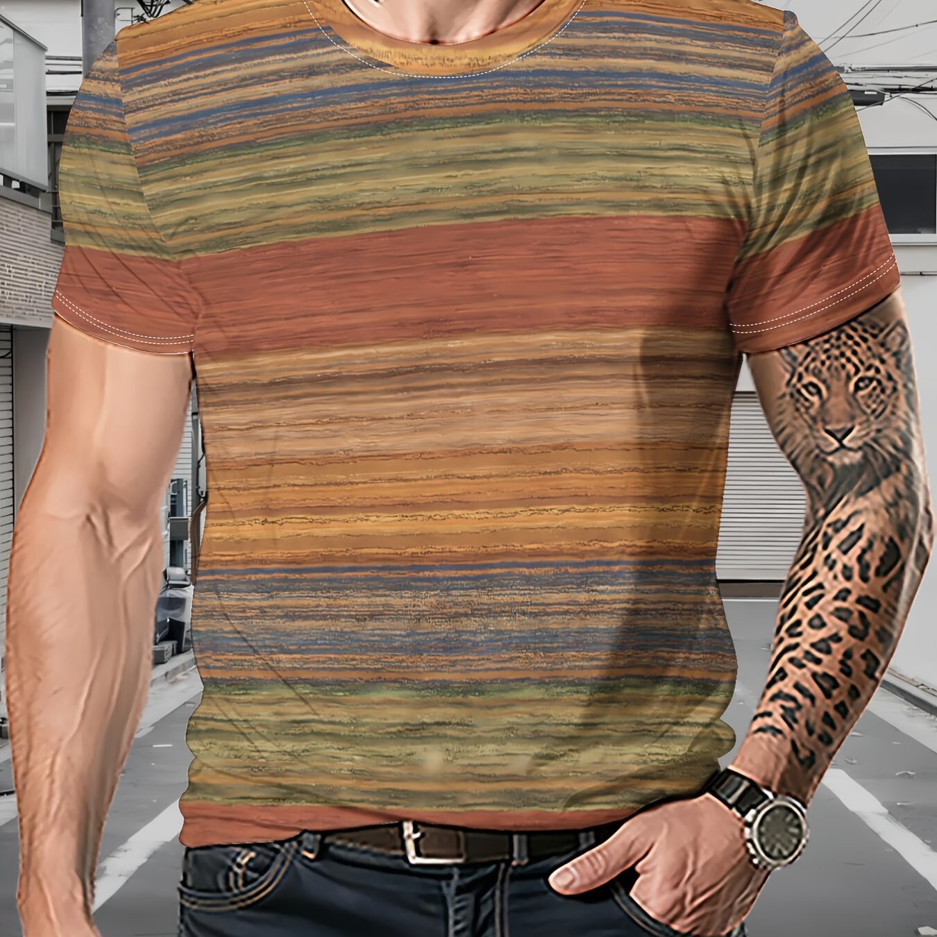 TEMU 1pc Men's Trendy Crew Neck T-shirt For Spring And Summer New Arrival Vintage Stripe Printed Casual Loose Short-sleeve Top