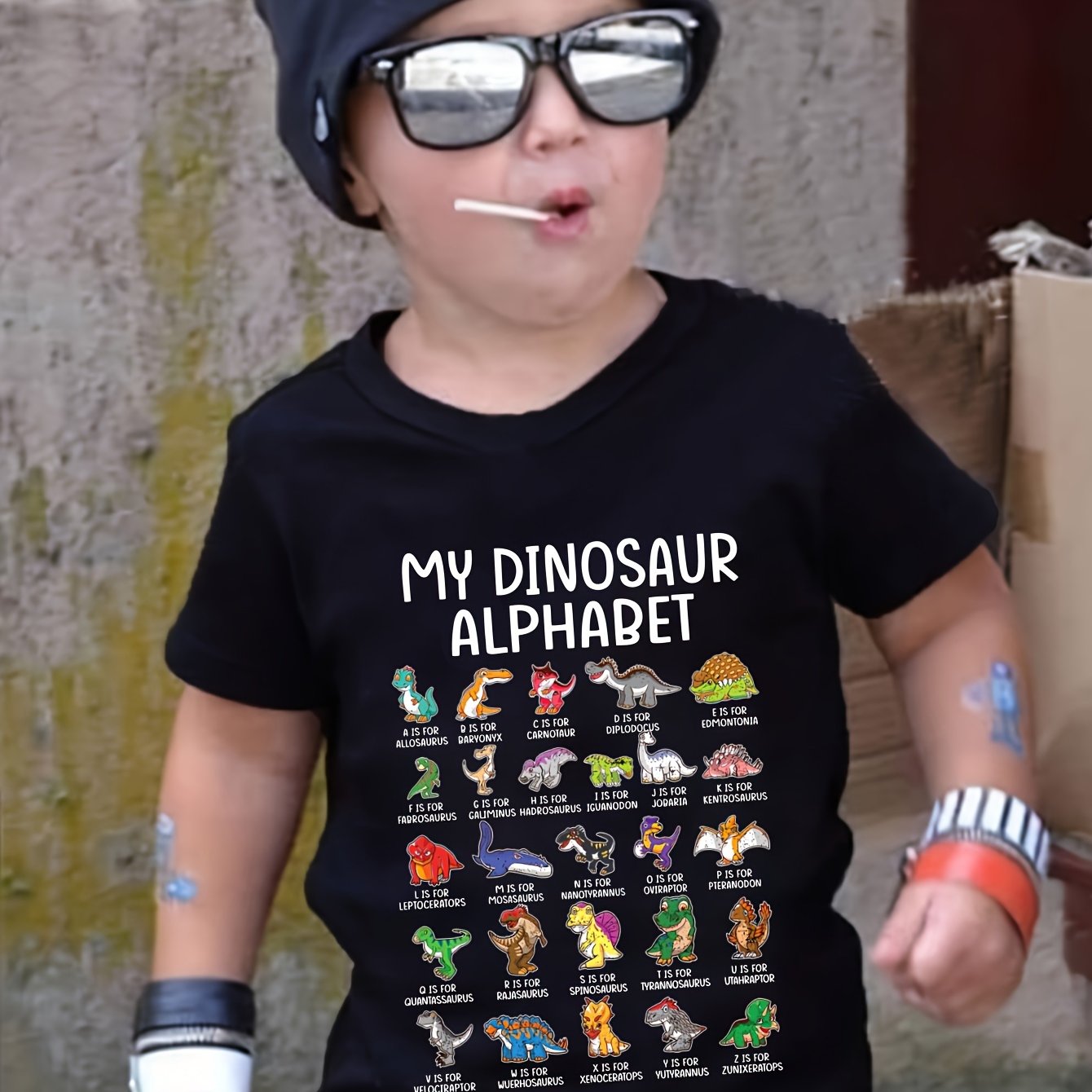 TEMU Cotton Short Sleeved Boys' T-shirt. My Dinosaur Alphabet. Versatile And Fashionable Round Neck Short Sleeved Top With Letter Print And Dinosaur Pattern Print