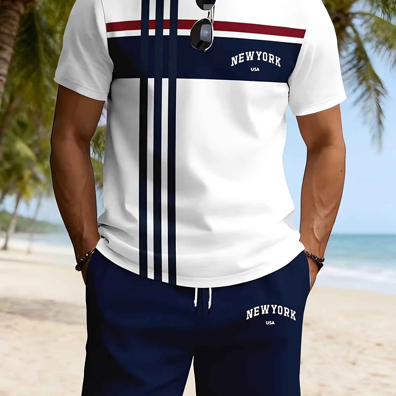 TEMU Men's Summer Striped Contrast Casual Set, Round Neck Short Sleeve T-shirt And Drawstring Shorts 2pcs Outfit Men's Casual Athletic Wear Striped