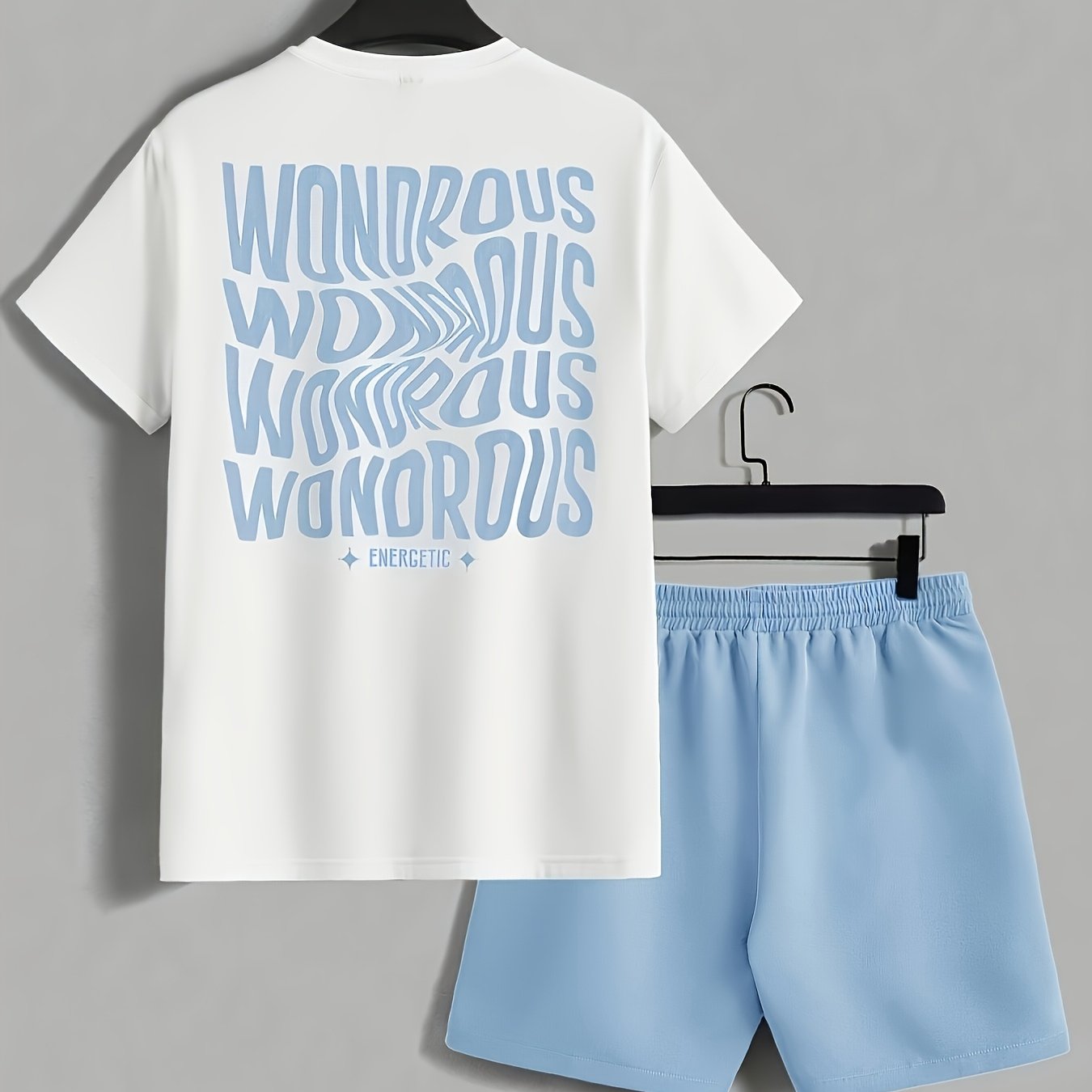 TEMU Men's Casual Sportswear Set: Round-neck Short-sleeve T-shirt With A Stylish, Minimalist Letter And Geometric Print, With Knee-length Knitted