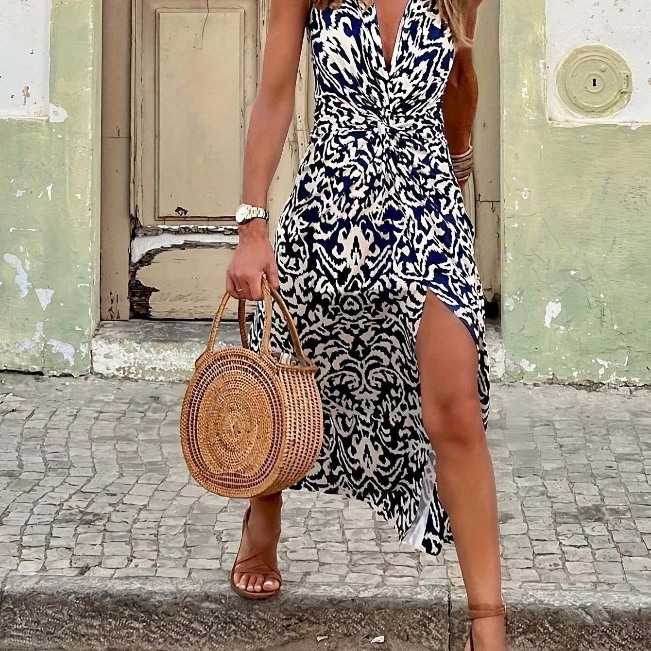 TEMU V-neck Knotted Slit Print Elegant Dress