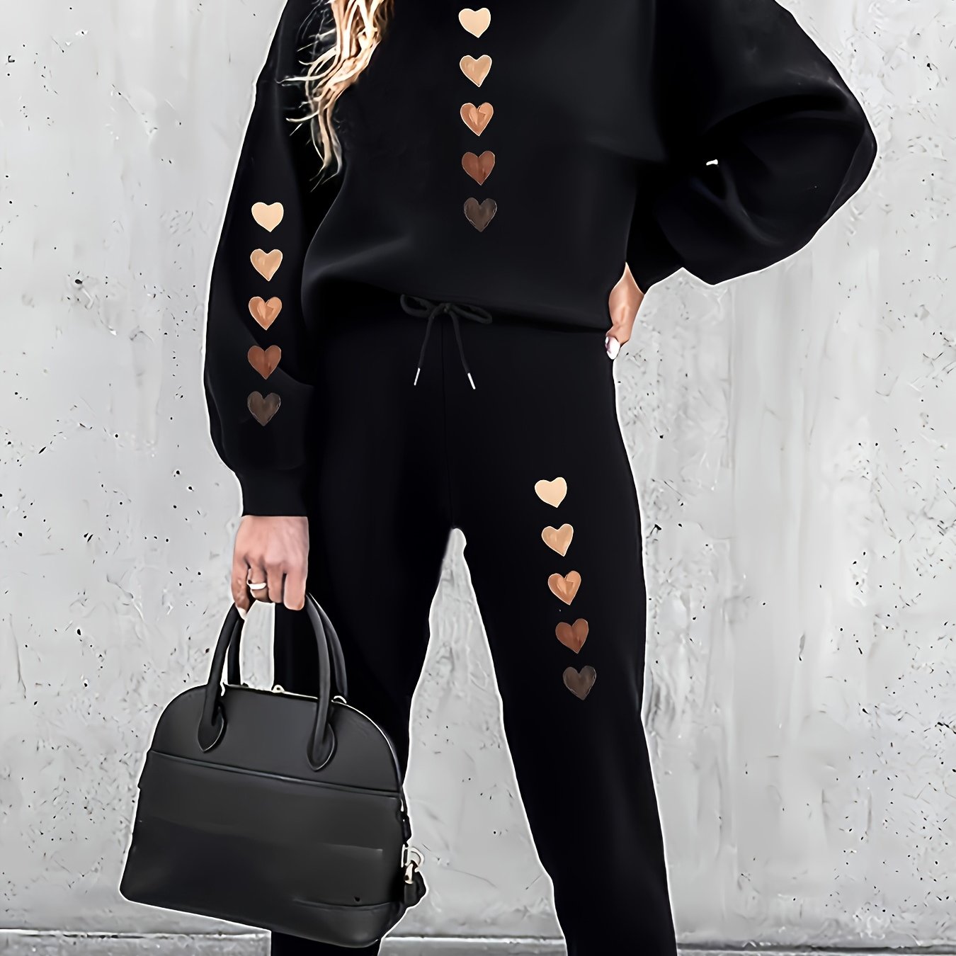 TEMU Ensemble Femme 2 pièces Sweat à Col Rond et Pantalon à Cordon avec Imprimé Cœur Dégradé, Tendance Décontractée Automne/Hiver