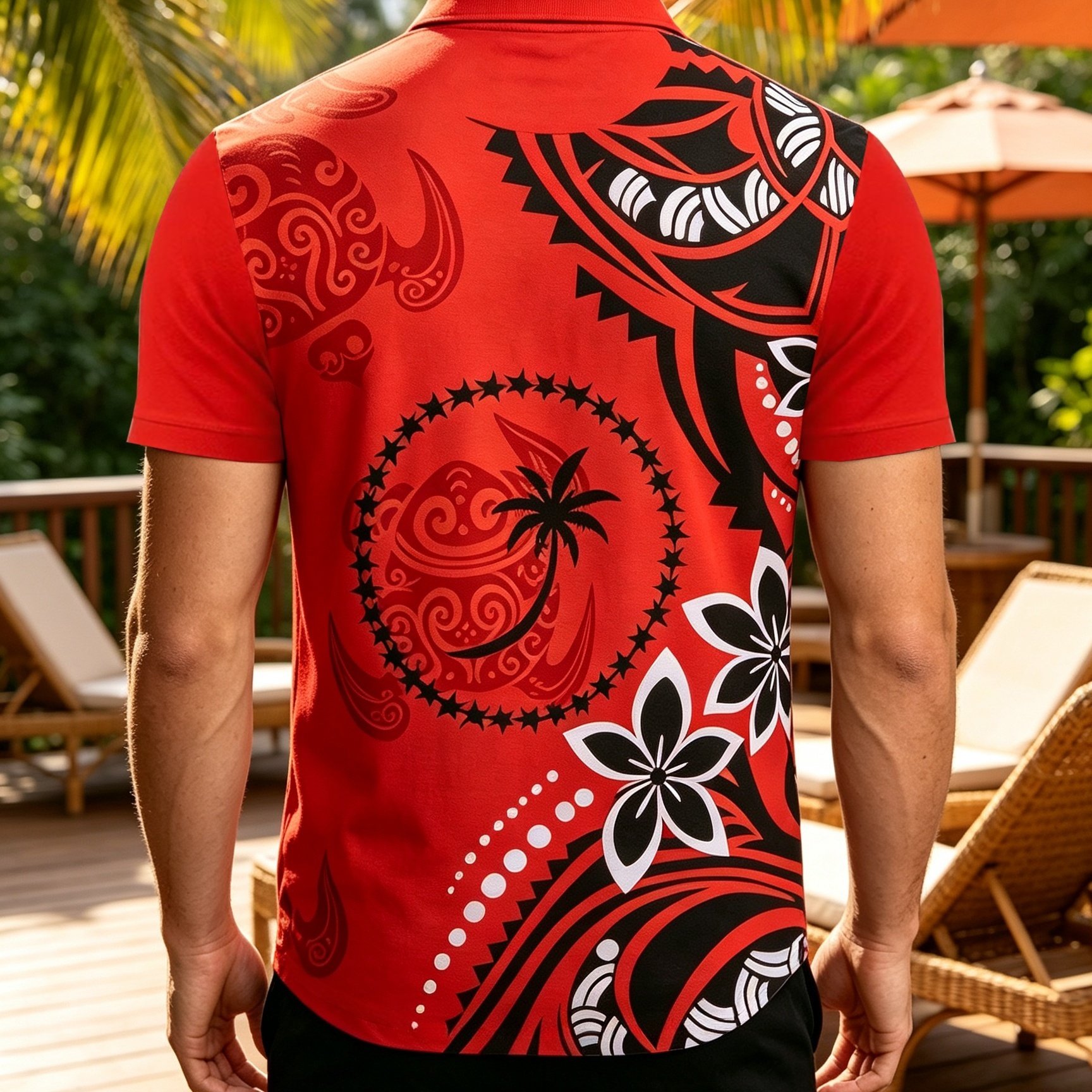 TEMU Men's Red And Black Polynesian Tribal Style Print Shirt With Palm And Floral Patterns, Red Lapel Three-button Short-sleeve Top, Tropical Beach