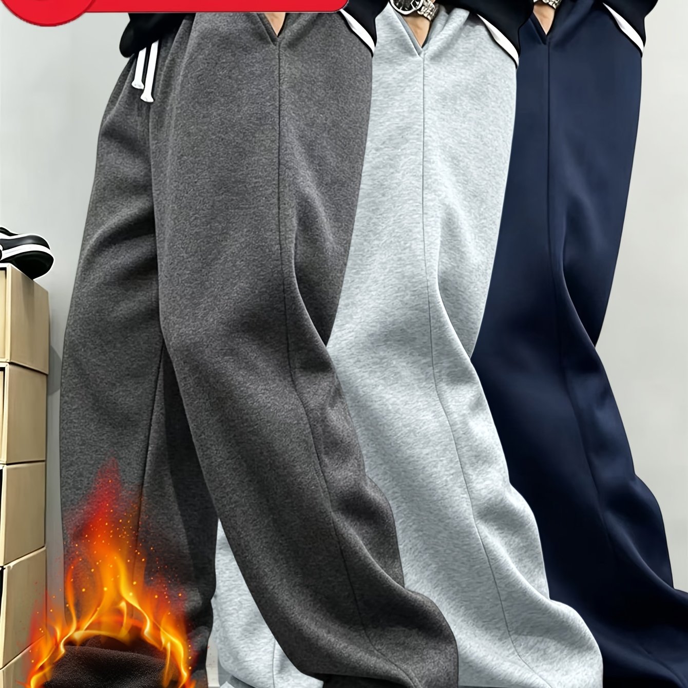 TEMU Lot de 3 joggeurs doublés pour homme avec taille élastique et cordon de serrage - Pantalons chauds à jambe droite , de sport, l'extérieur, tenue