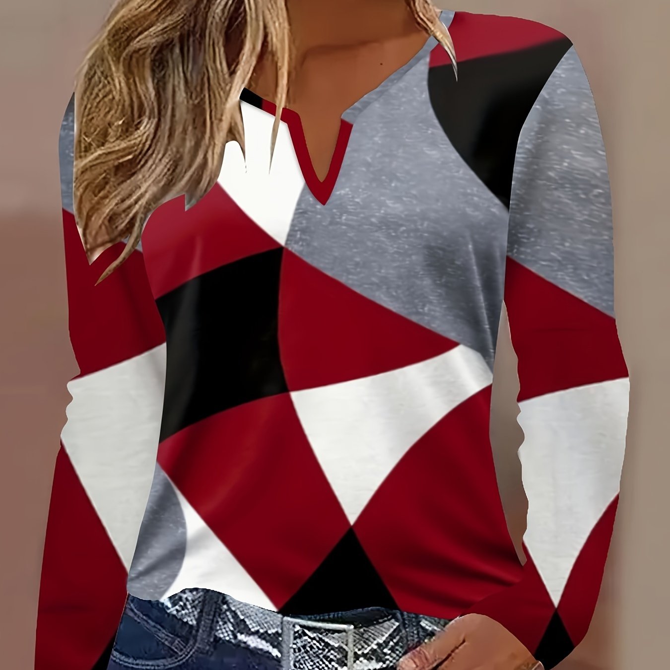 Geometric Print Notched Neck T-shirt, Casual Long Sleeve Top For Spring & Fall, Women's Clothing
