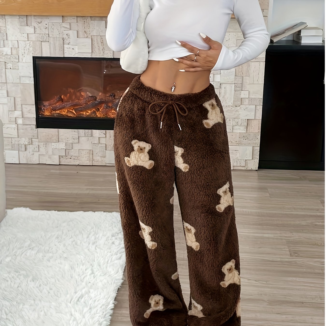 Ladies Bear Print Wide Leg Pants - Thickened Fleece Lined Winter Elastic Waist Casual Animal Pattern Trousers, Machine Washable