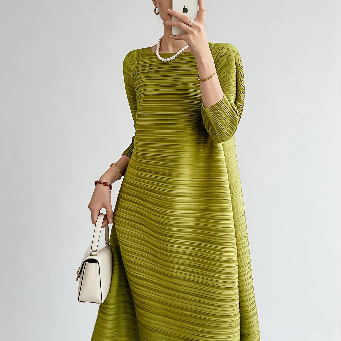 TEMU 2026 Spring/summer New Arrival Casual Pleated Dress For Women, Featuring A Relaxed Loose Fit, Batwing Sleeves, Textured Pleated Fabric, Draping,