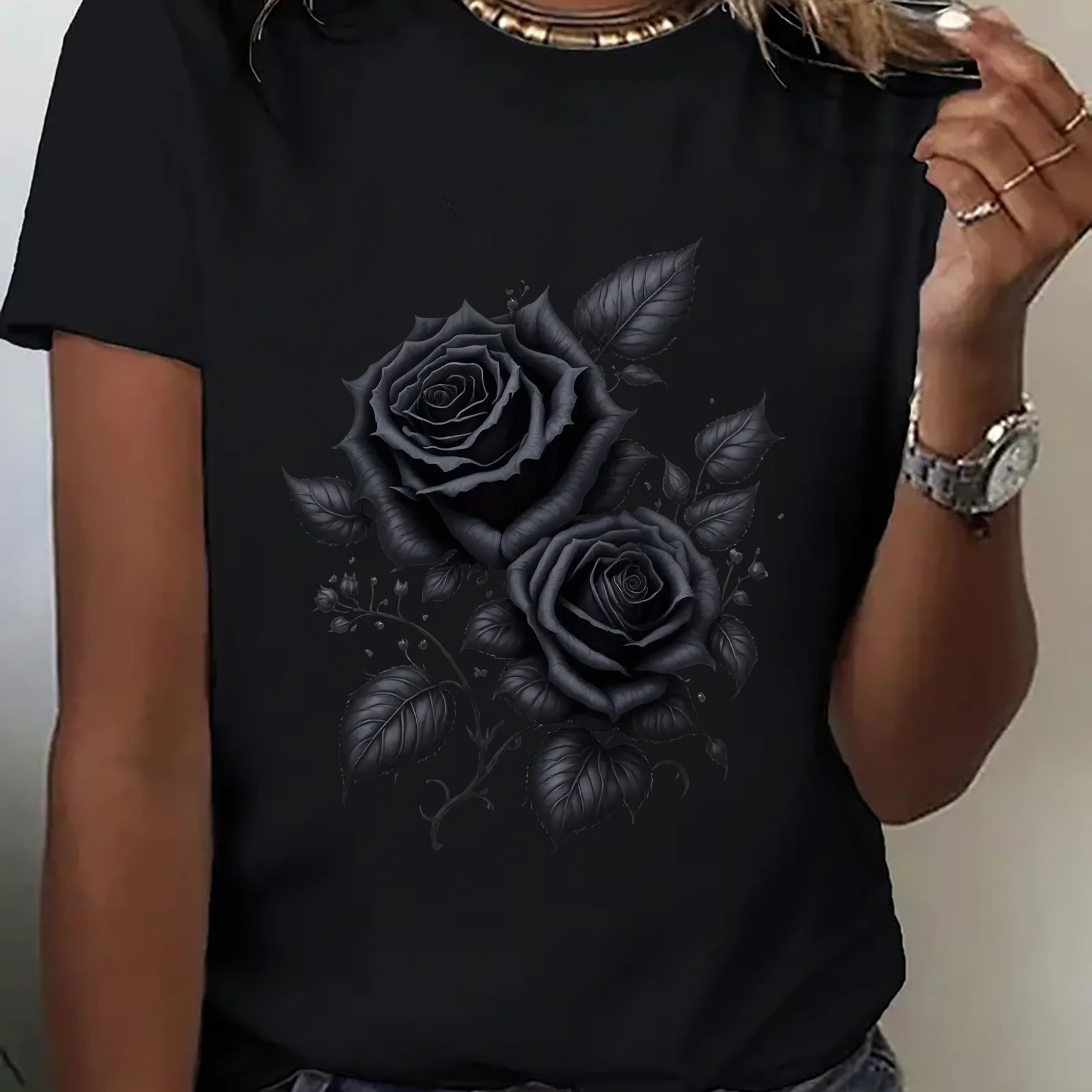 Image of Women's Gothic Black Rose T-shirt - Gothic Rose Graphic Crew Neck Short Sleeve Tee, Dark Floral Top Suitable For Daily Wear, Machine Washable Casual Blouse Women's Fashion For Outfits