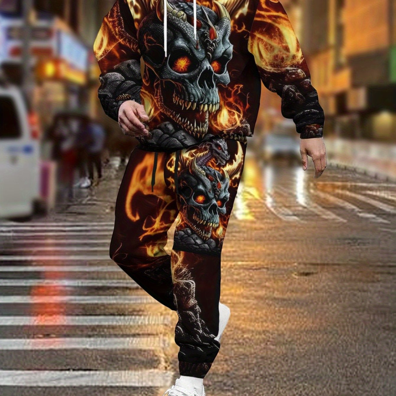 Image of Set Of 2pcs For Men Featuring A 3d Printed Casual Hoodie And Sweatpants With A Bull Horn Flame Skull Design, Perfect For Sports And Wear