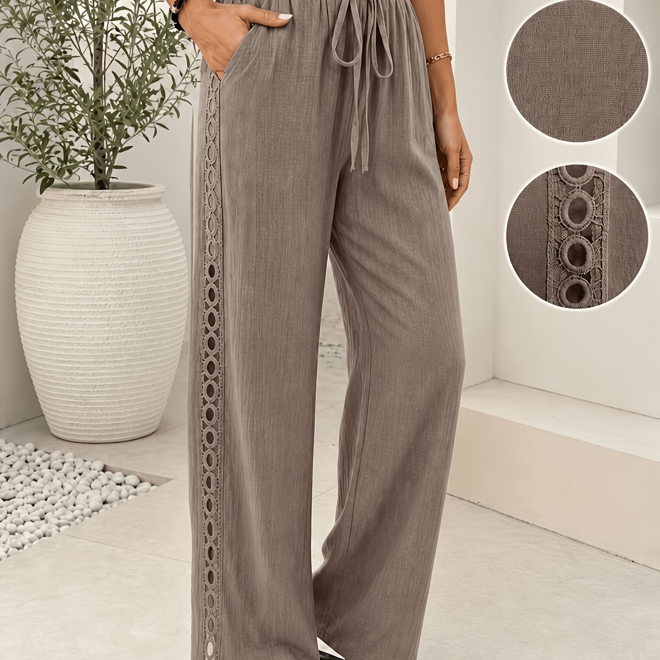 TEMU Women's Elegant Side Lace Slant Pocket Casual Trousers