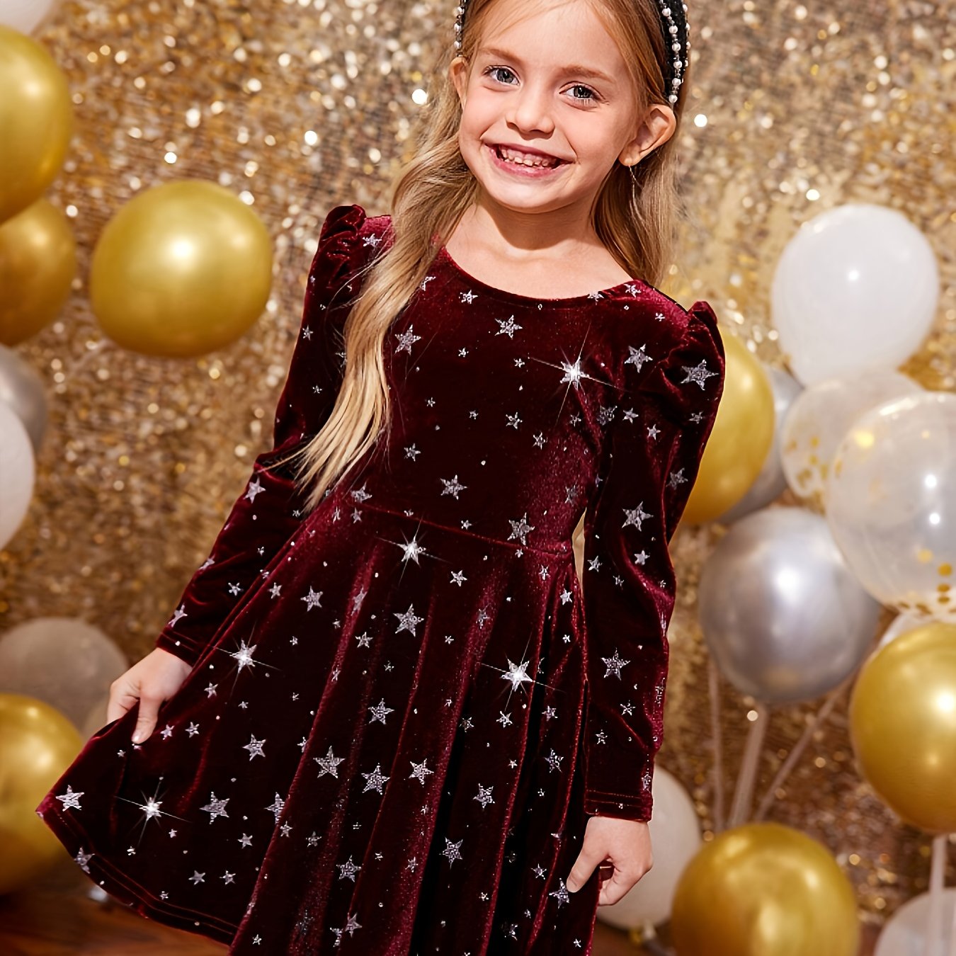 Image of Girls' Autumn Winter Print Fabric Long Sleeve Dress With Back , Suitable For Outdoor Wear, Parties, And Gatherings In Fall Winter, As A Gift For Children