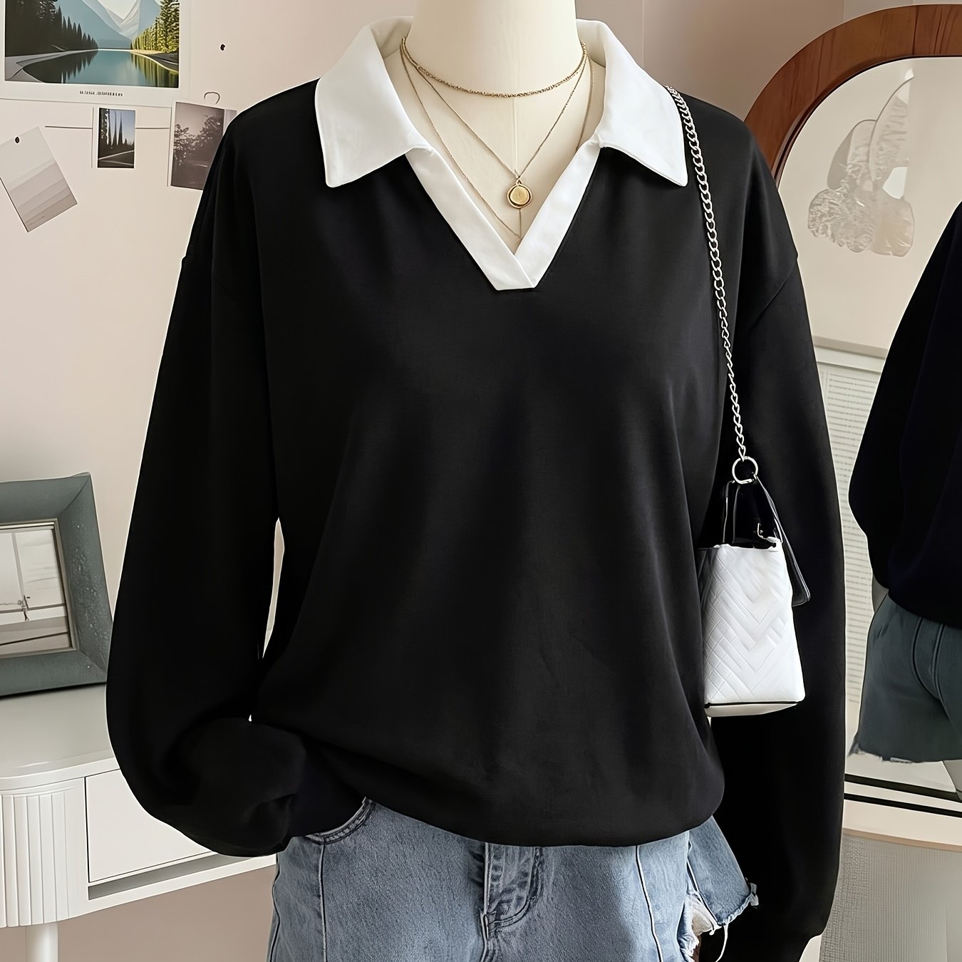 TEMU New Arrival With Vibe! V-neck Spliced 2-in-1 Look Collar Casual Sweatshirt, Soft, -friendly, Loose Fit. Perfect For Street Strolling, Shopping,