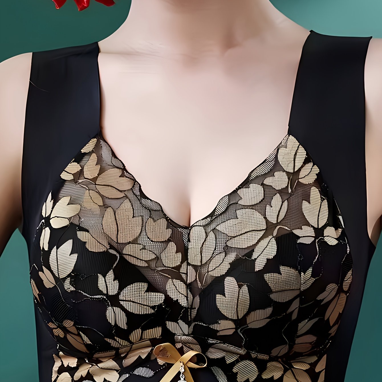Women&#39;s Elegant Contrast Lace Trim Color Block Floral Print Bow Detail Anti-Sagging Push-Up Bra with Padded Cups - Medium Support Comfort Fit Tank Top for Everyday &amp; Wear, Medium Support Underwear, Decorative Bow Design, Smooth Fabric Finish