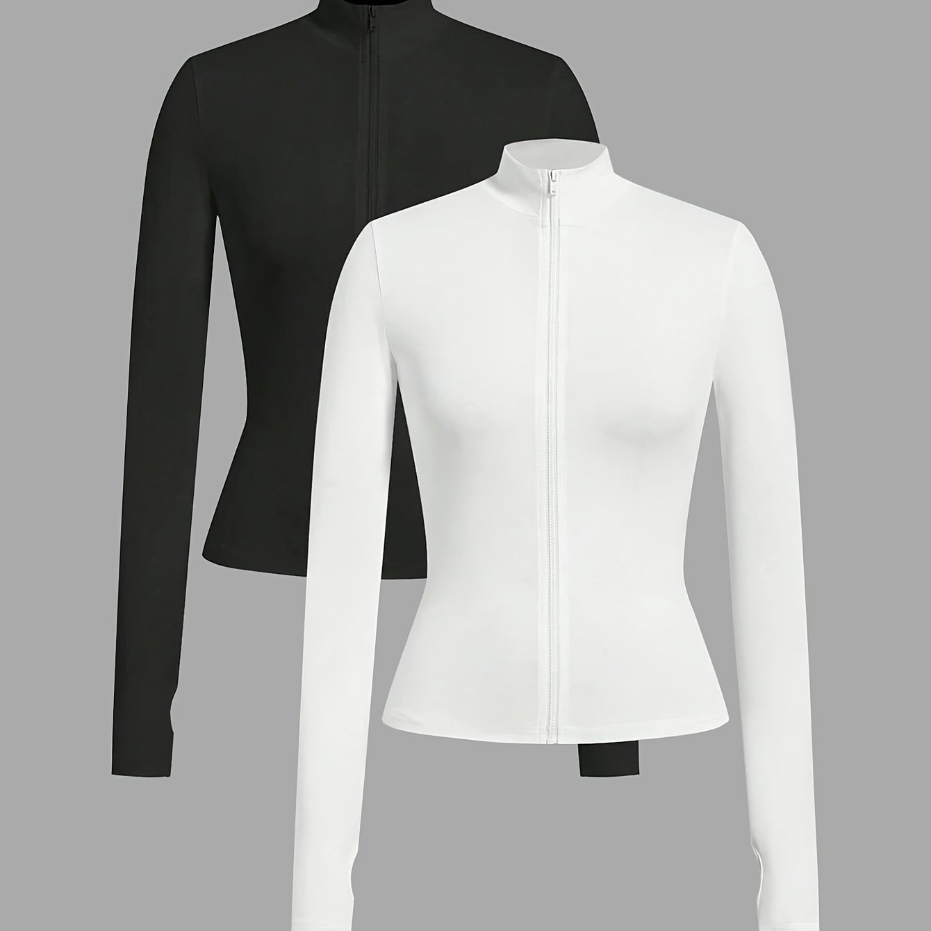E-shop 2er-Set, Weiß und Schwarz, Damen T-Shirt mit Stehkragen, Slim Fit, einfarbig, Reißverschluss, langärmlig, leichtes und lässiges Oberteil für