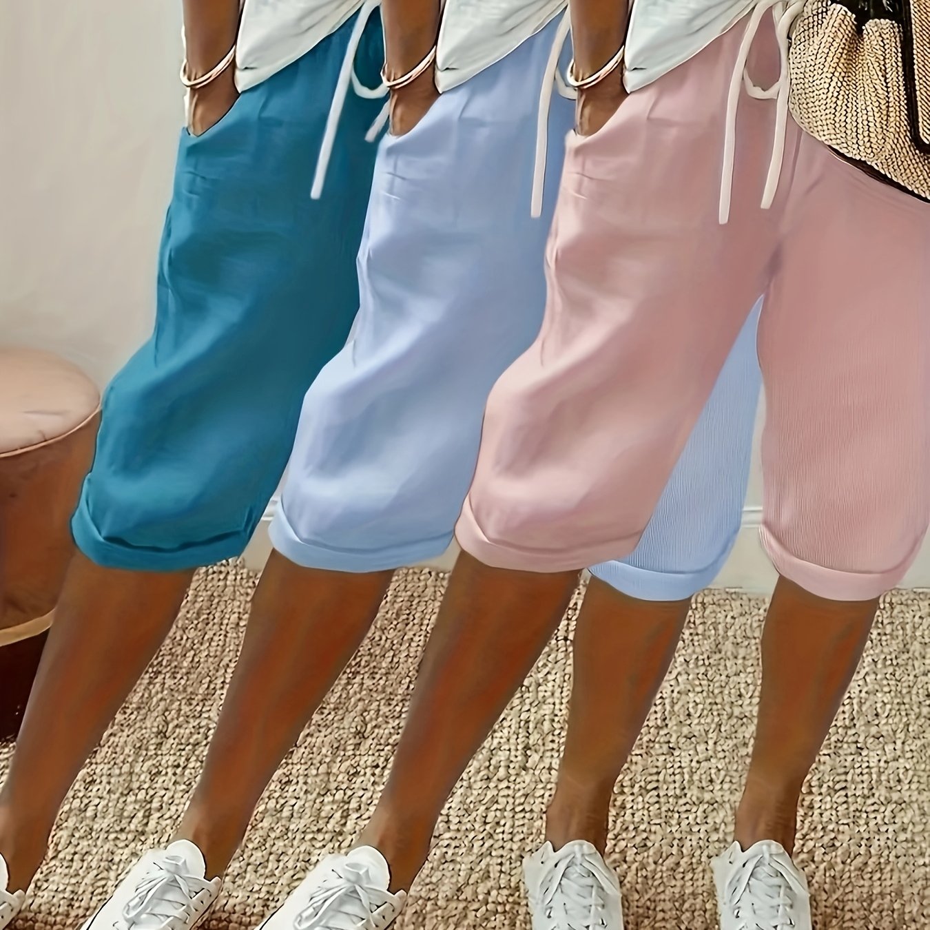 TEMU 3-color Assorted New Elastic Waist Side Pocket Fake Drawstring Real Back- Women's 3/4 Length Pants