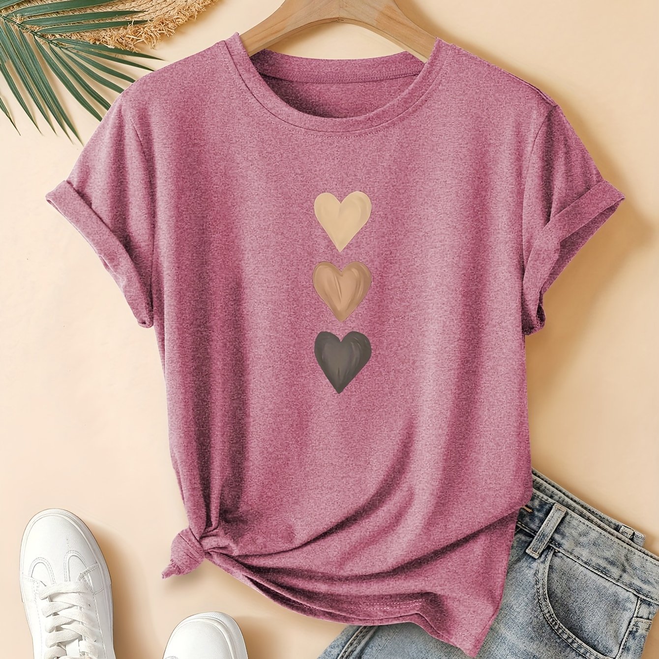 Heart Print Fashionable Retro Style Women's Summer Casual Sports Style Neck Short-sleeved T-shirt Gray