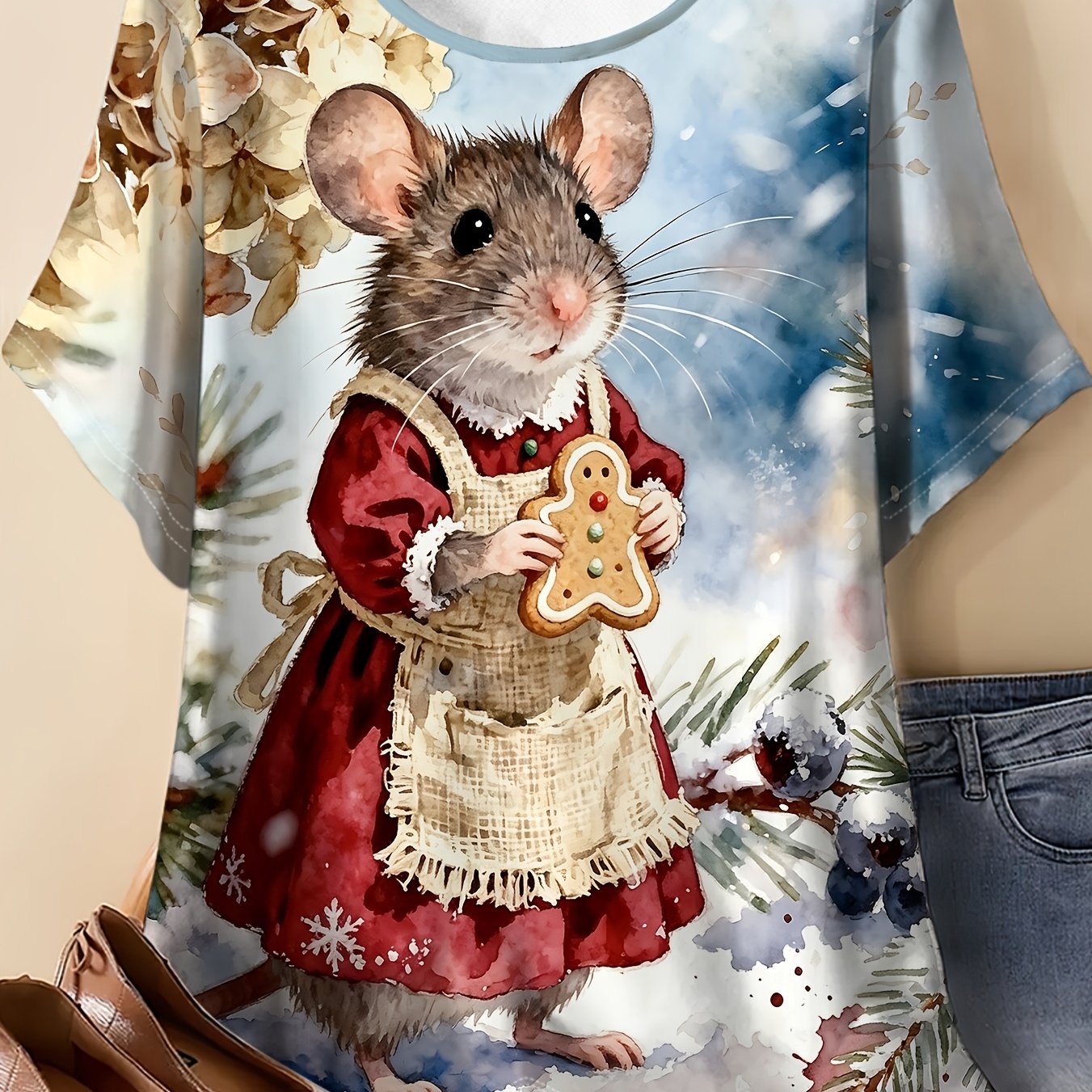 TEMU Summer Women's Plus Size Round Neck T-shirt, Little Mouse Winter Watercolor Print