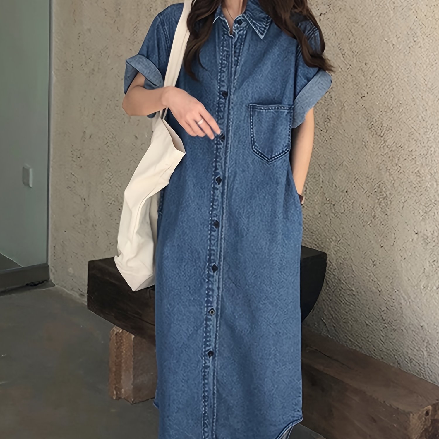 Women&#39;S Casual Single Breasted Denim Dresses Lapel Rolled Sleeve Shirt Dresses