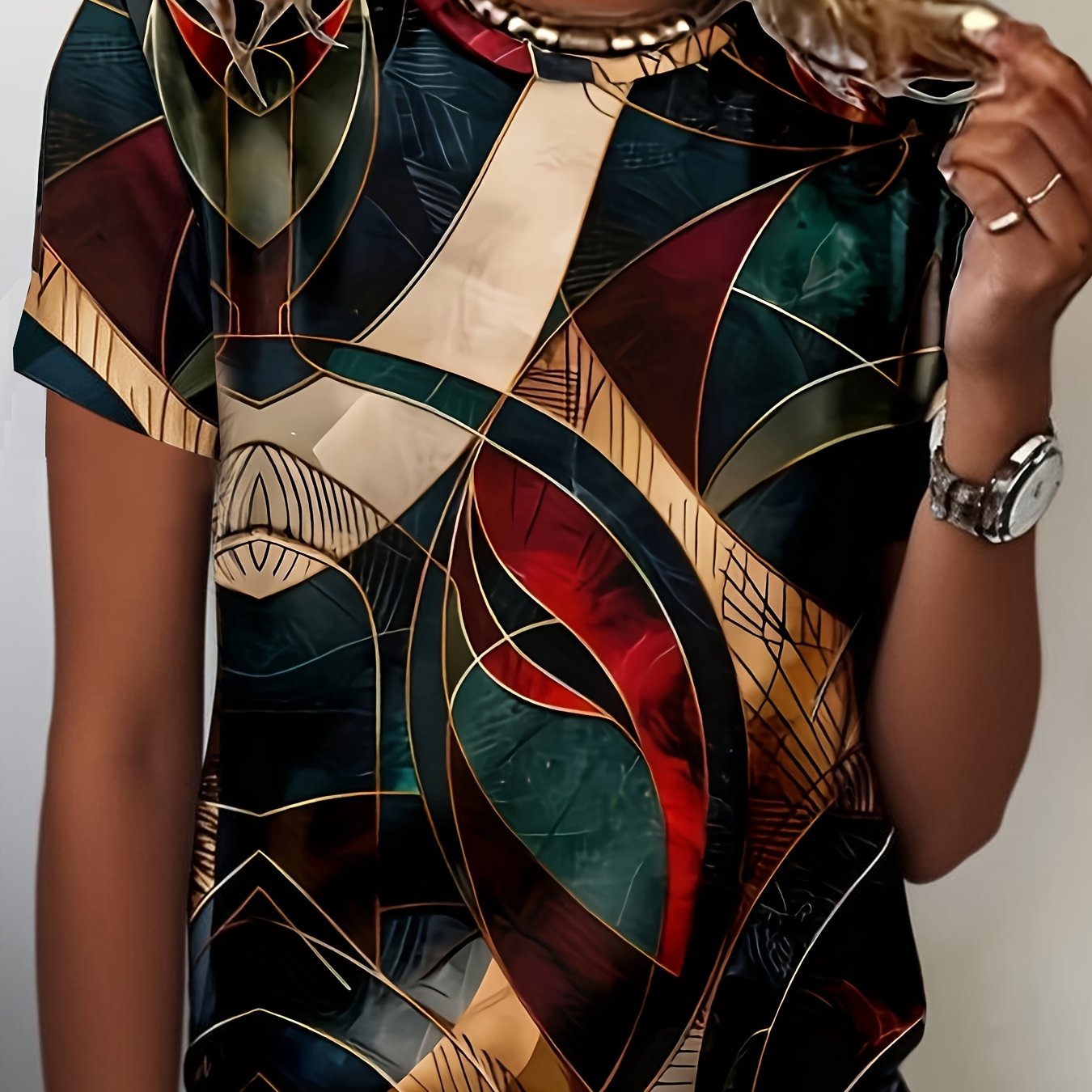 Women's Clothing, Summer Round Neck Short Sleeve Top, Abstract Print Retro T-shirt