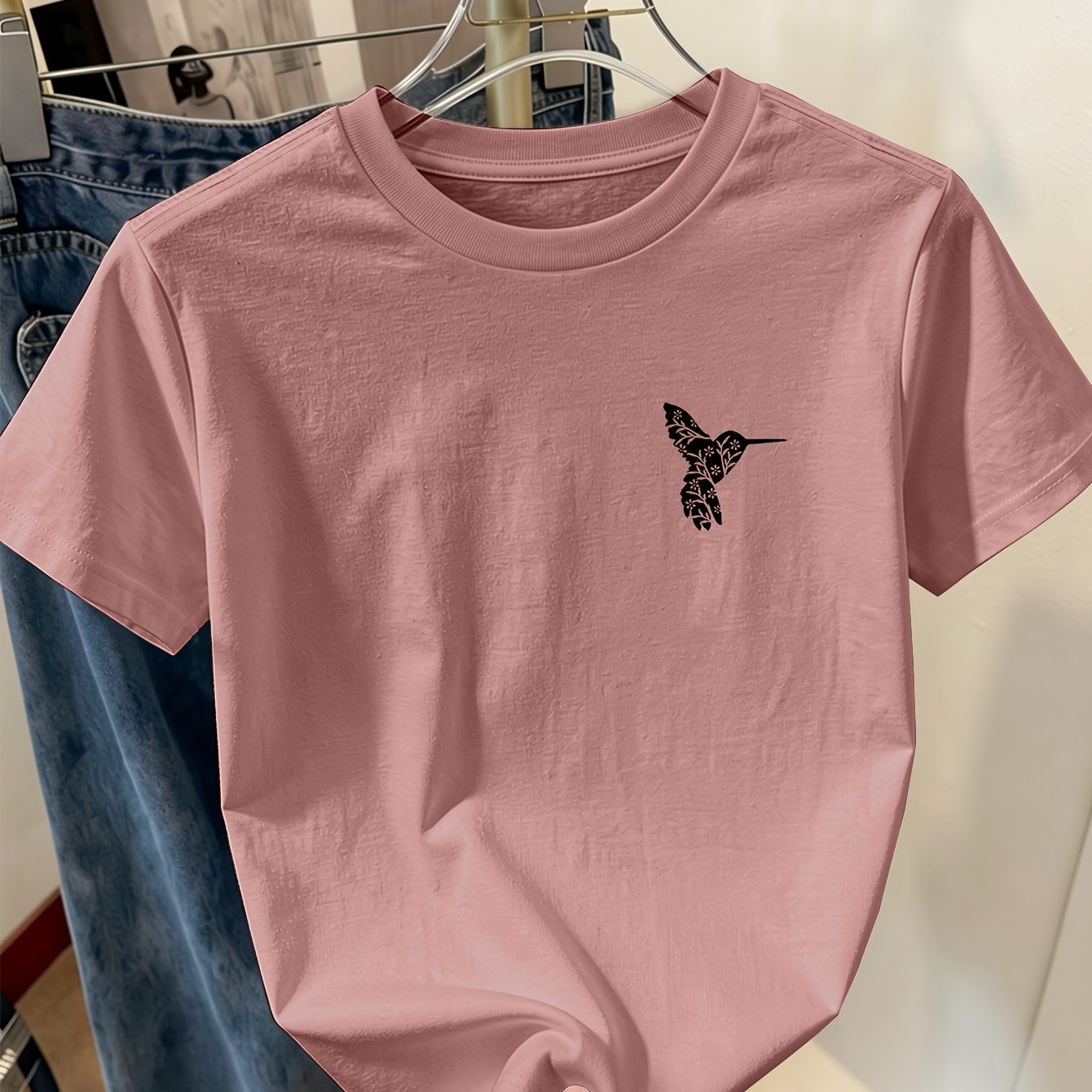 Image of Hummingbird Silhouette Print Pure Crew Neck Short-sleeve T-shirt, Soft And Breathable, Suitable For Daily Commuting, Simple Casual S, And Versatile Everyday Pure Essentials