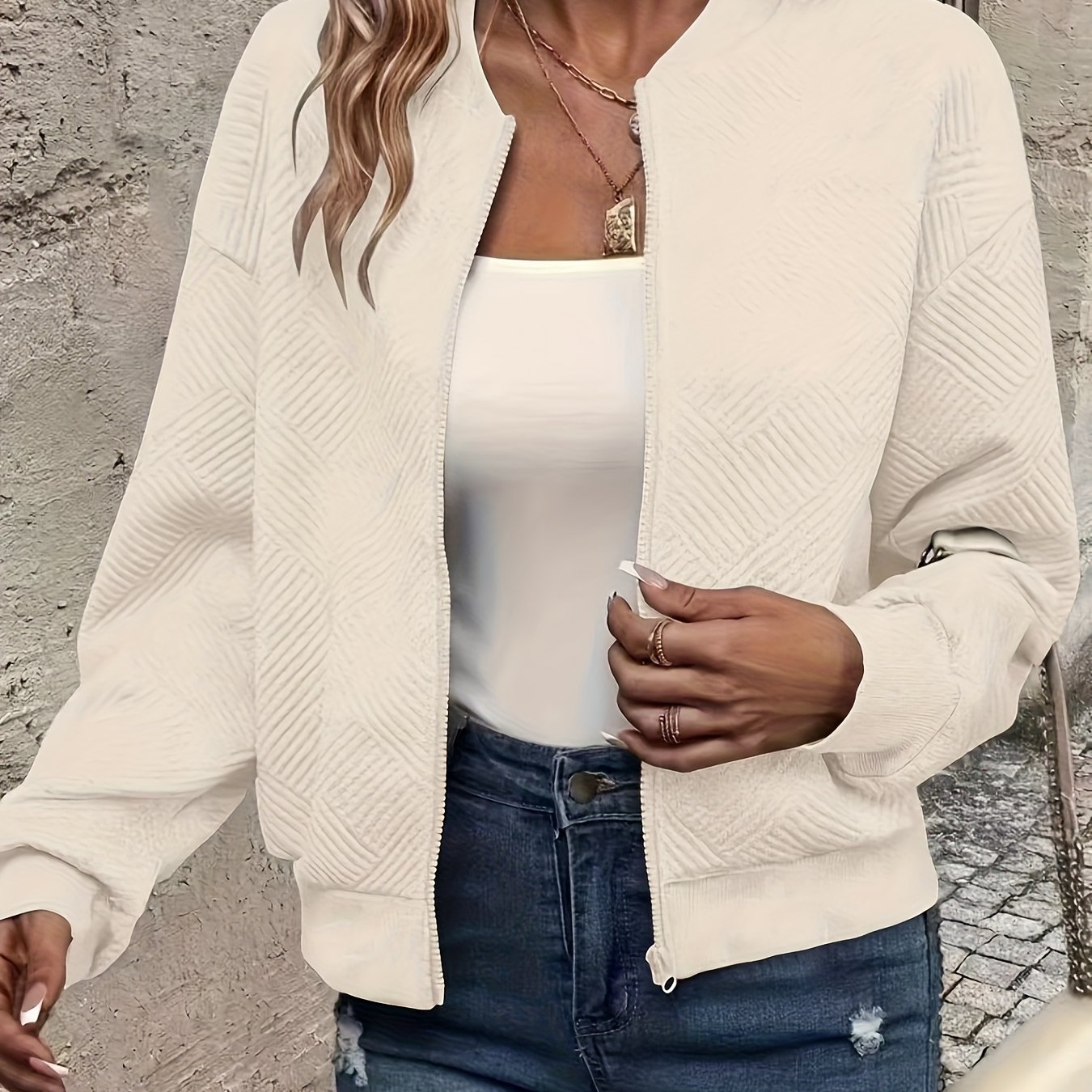 Image of New Fashionable Solid Color Zipper Jacket With Baseball Collar, Casual Women's Outerwear
