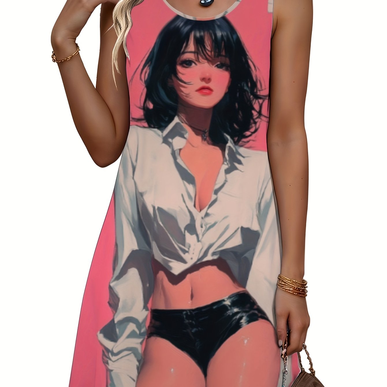 womens sleeveless casual dress with vibrant graphic print soft breathable fabric round neck midi length machine washable     artistic   wear   illustration dress medium stretch material