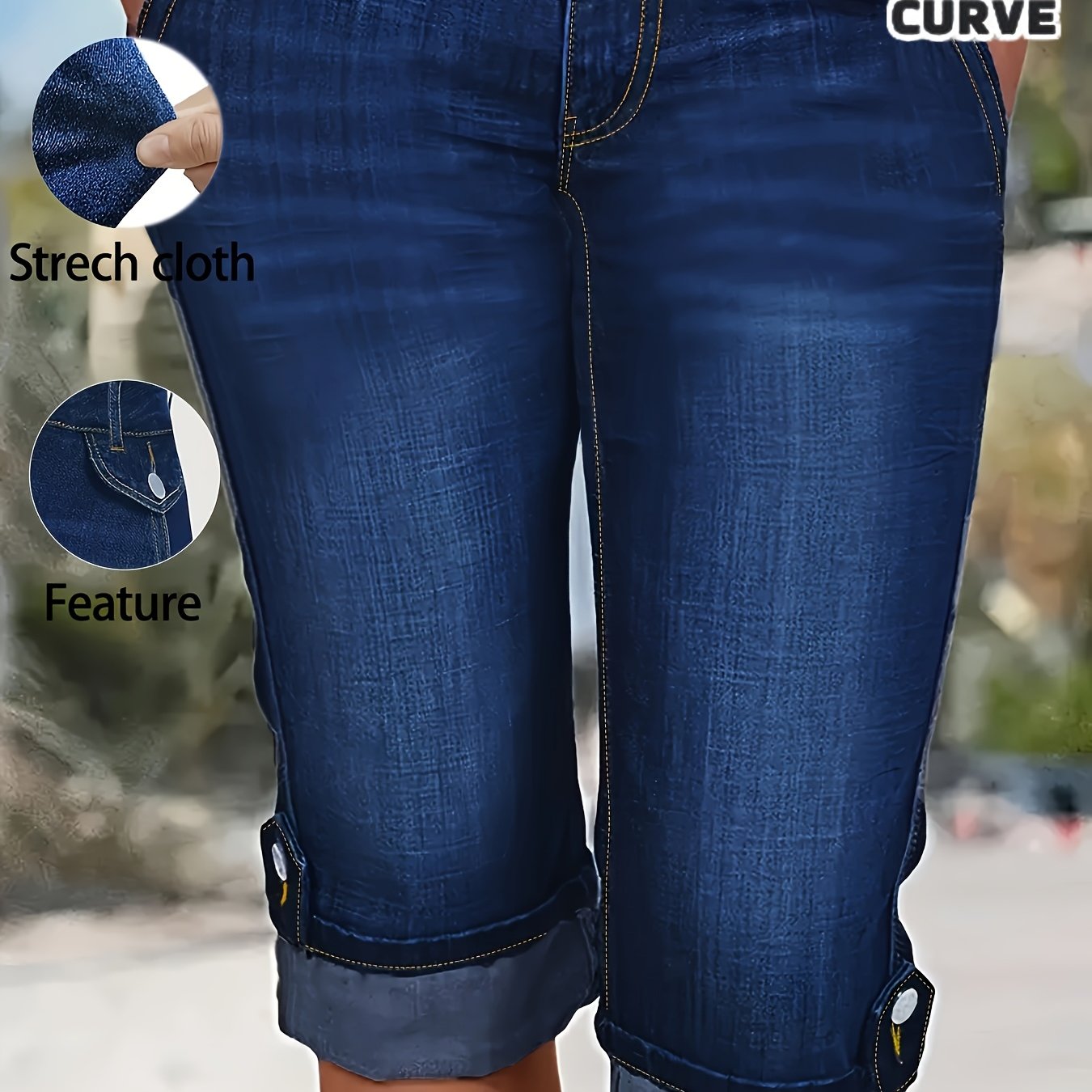 TEMU Women's Plus Size Denim Blue Cropped Jeans | High Waisted Hem With Front Pockets, Ankle Decor Buttons, Single Button & Zipper Fly, Street Trendy