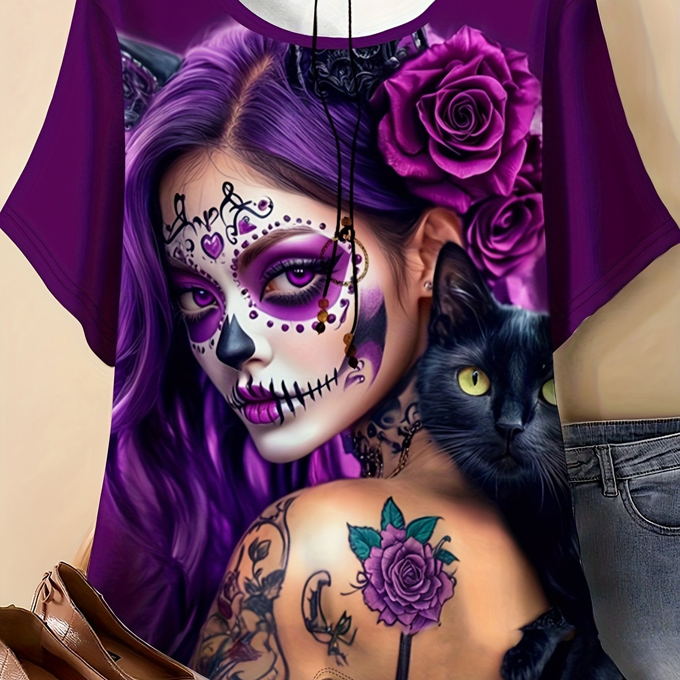 TEMU Plus Size - Plus Size - Plus Size Women's T-shirt With Halloween Pattern, Round Neck, Short Sleeves, Casual Outdoor Wear. A Relaxed Yet Elegant