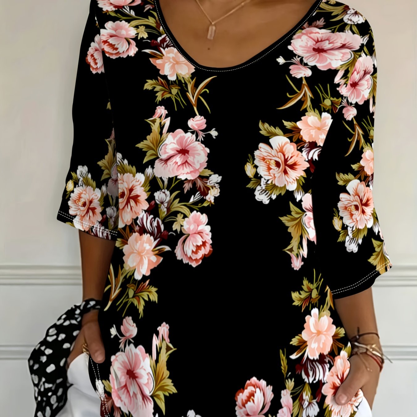 TEMU Plus Size, Plus-size Women's Floral Top With A Vintage Floral Pattern Featuring Pink/peach/white Flowers And Green/yellow Leaves, Stylish And