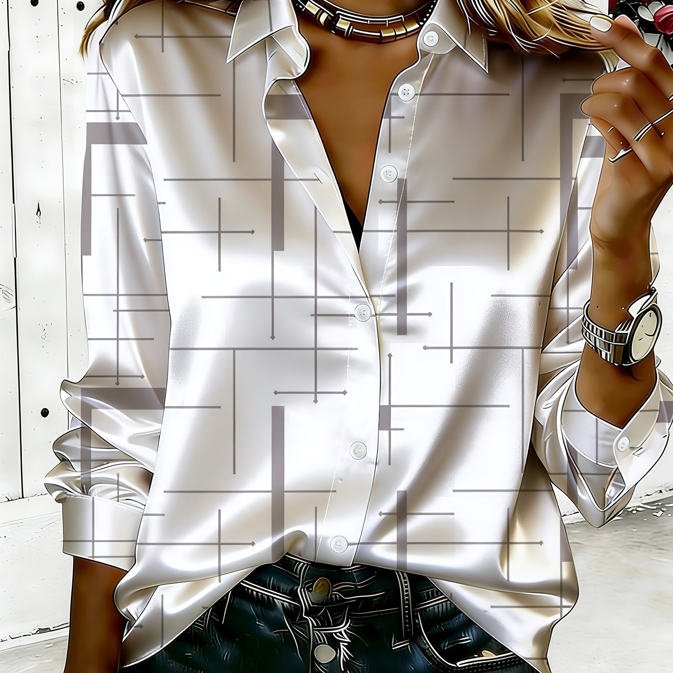 TEMU Elegant Print Satin Shirt, Lapel Long Sleeve Button-up Cardigan, Casual Loose Breathable Luxurious Top, Women's