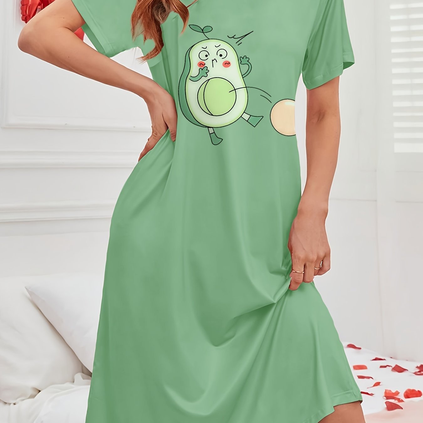 TEMU Women's Casual Avocado Print Short Sleeve Crew Neck T-shirt Nightgown - Blend, Stretch Sleepshirt With Fruit & Vegetable Pattern For /summer - Comfortable - For Adults