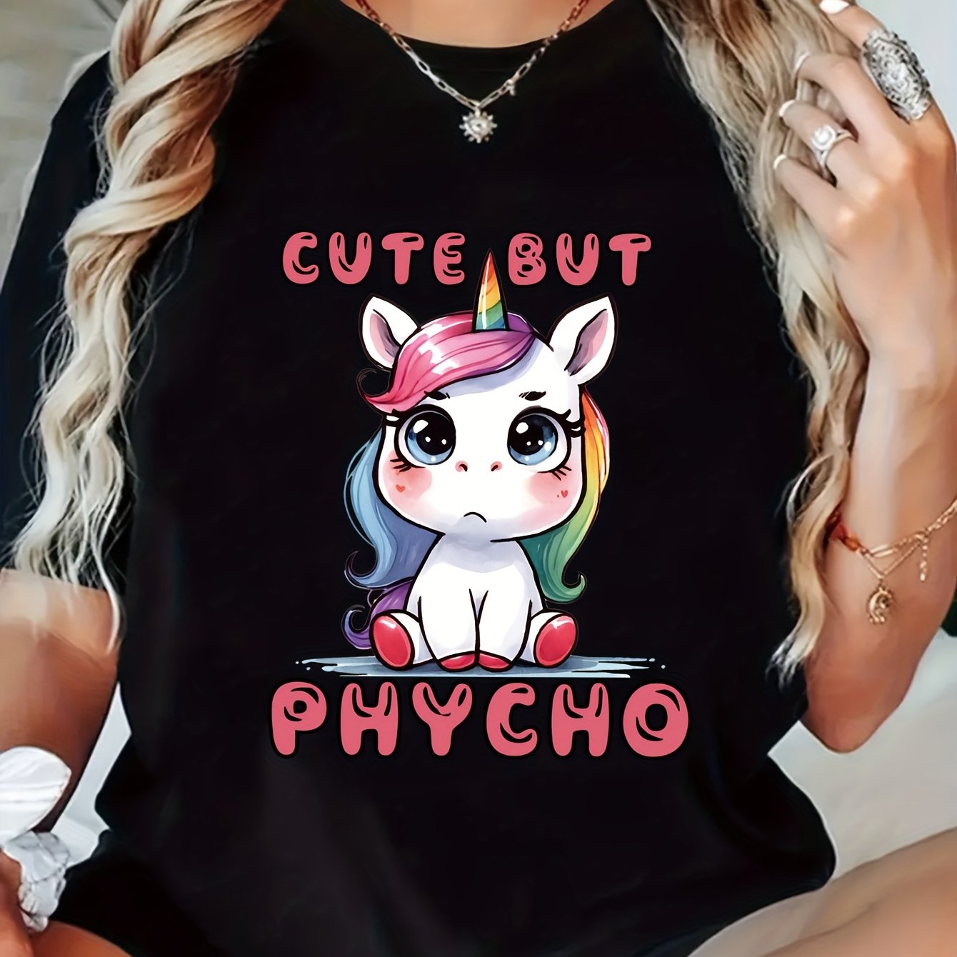 TEMU Emotional Unicorn Flower Crew Neck T-shirt Spring And Summer Casual Short Sleeve Top Women's Clothing