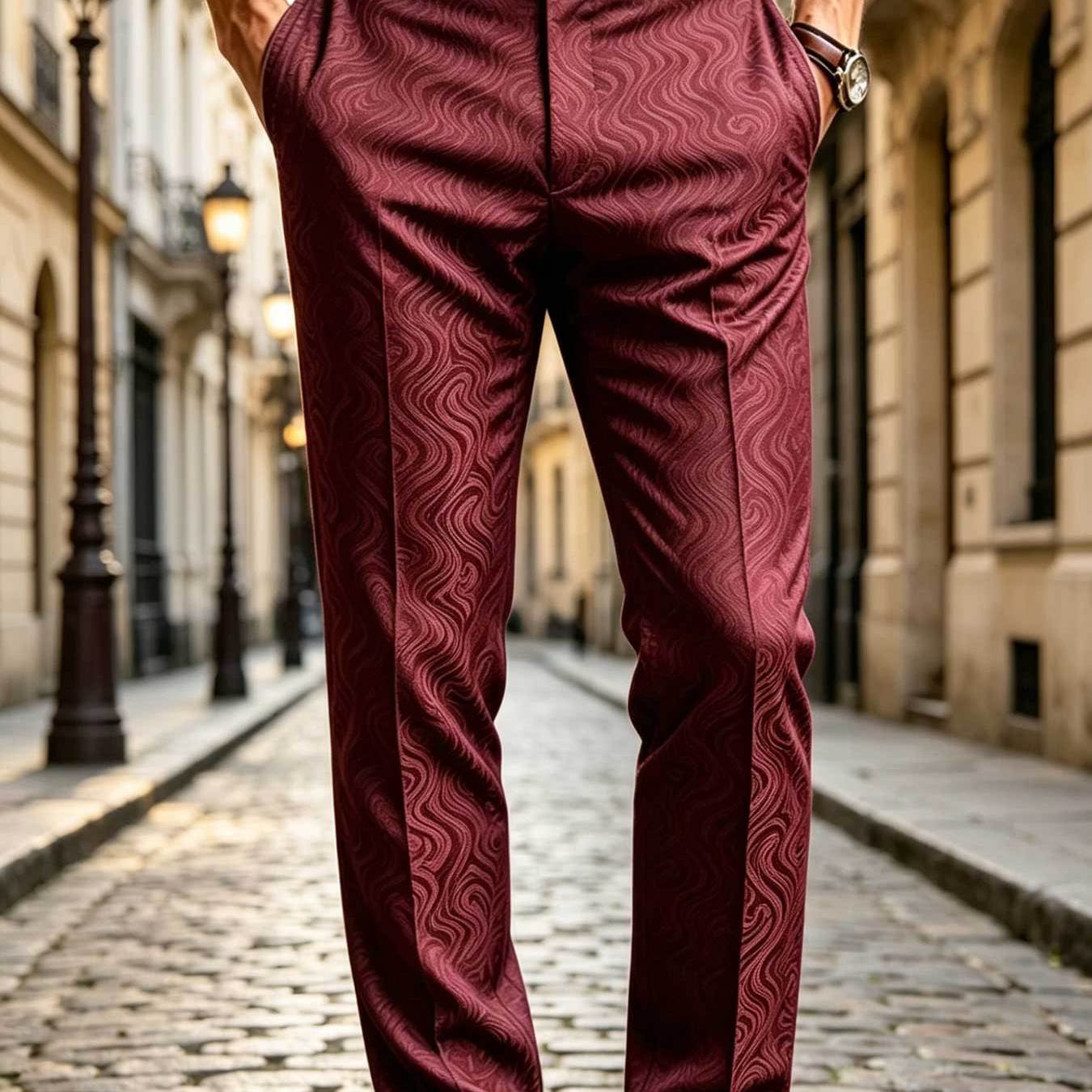 Image of Men' Burgundy Dress Pants Straight Trousers With Wavy Pattern - Suitable For Formal Business, Weddings, Office & Casual Wear, Machine Washable Pocketed Trousers For Style (regular Fit), Plus Size
