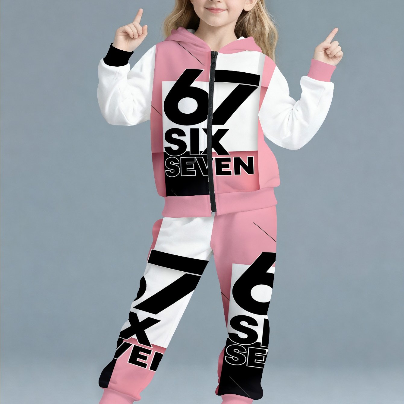Image of 3d Girls' Zipper Shirt And Pants Set Pink White Trendy Cool Number 67 Set Color Contrasting Letter Print Hooded Sweatshirt And Pants 2 Piece Set, For Outdoor