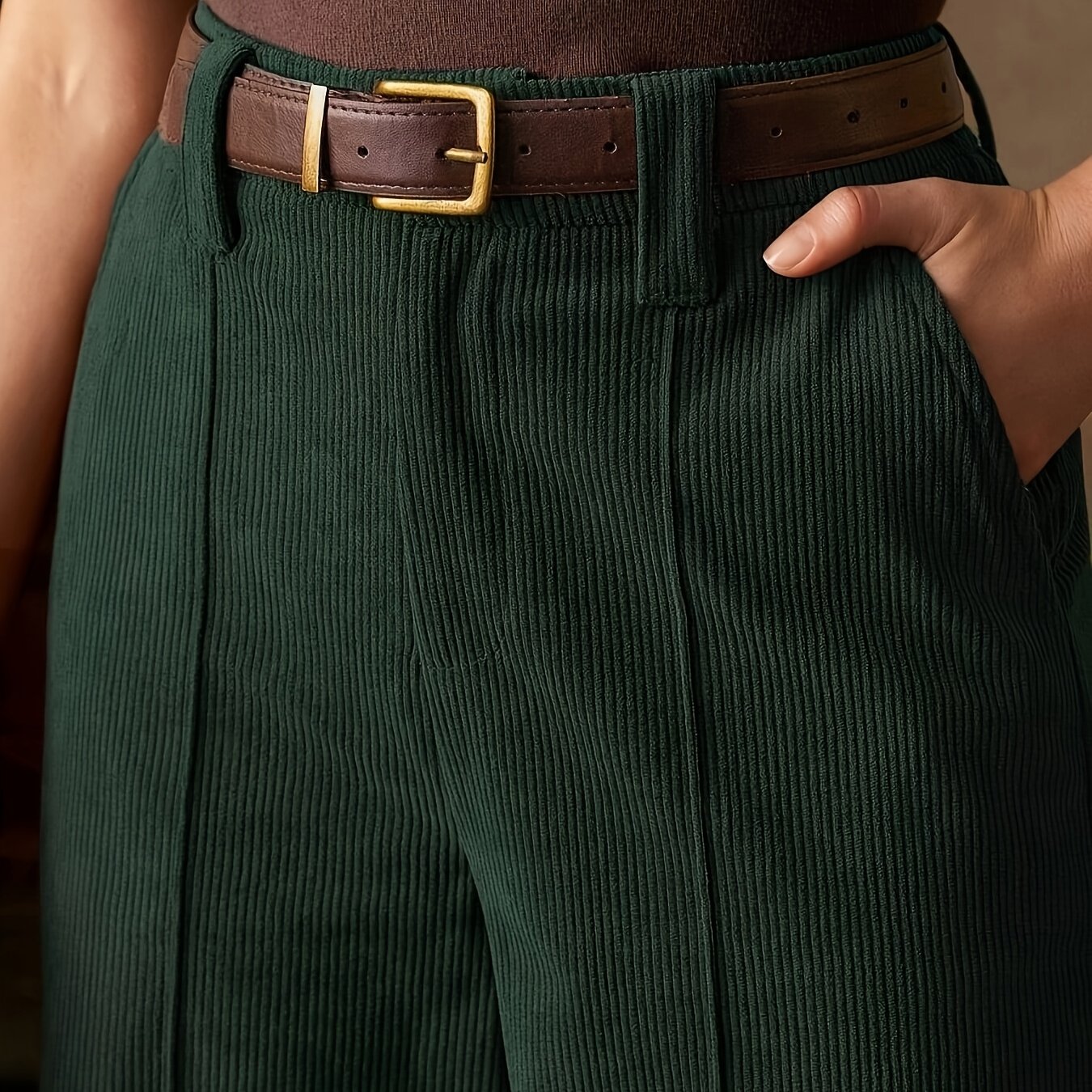 TEMU Women's Corduroy Long Pants | Solid Color, , Straight Leg, Pocket Details, Belt Not Included