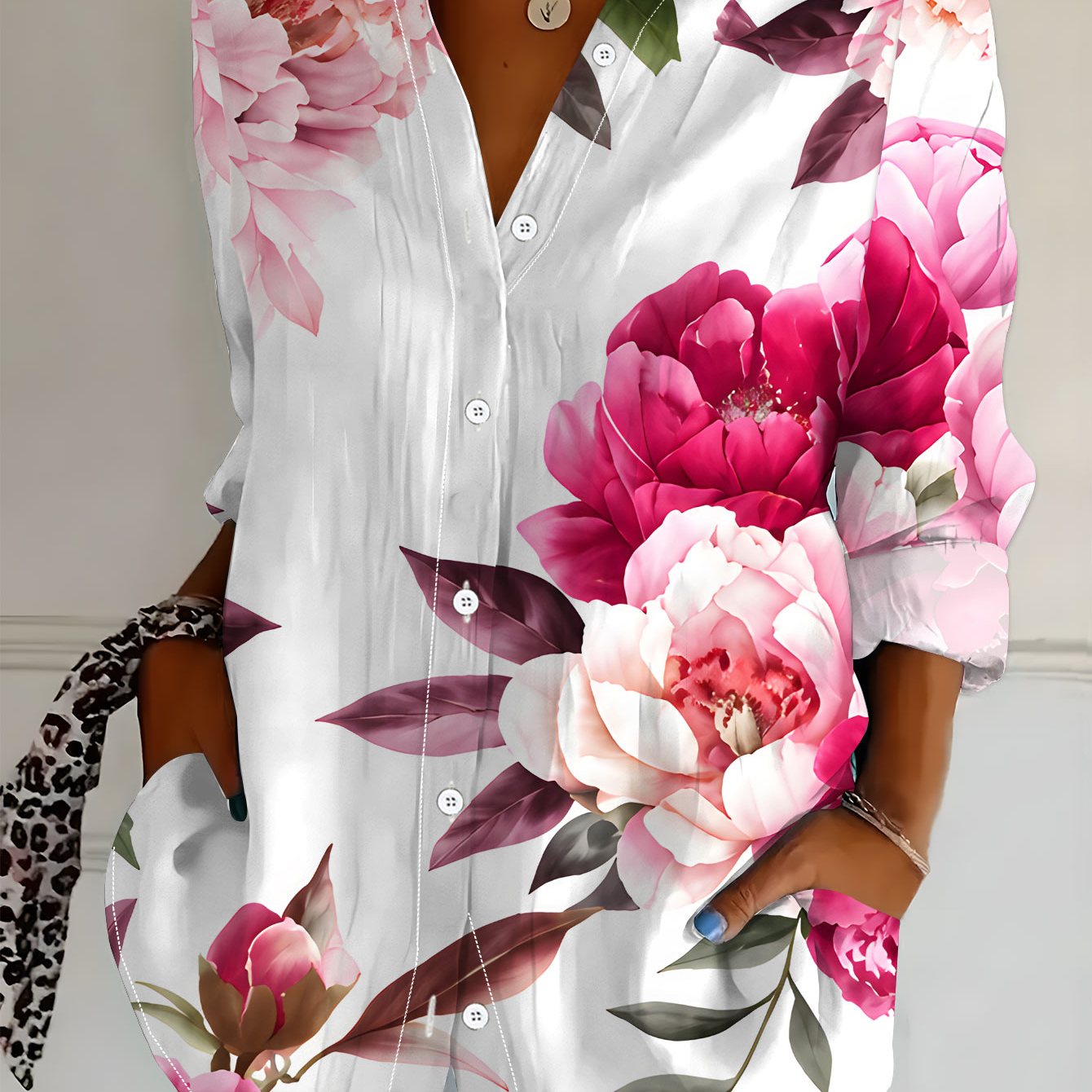 TEMU Plus Size Women's Long Sleeve Shirt Floral Print Loose Printed Shirt Pink Peony Mid-length Women's Long Sleeve Collared Shirt Fresh Pink White