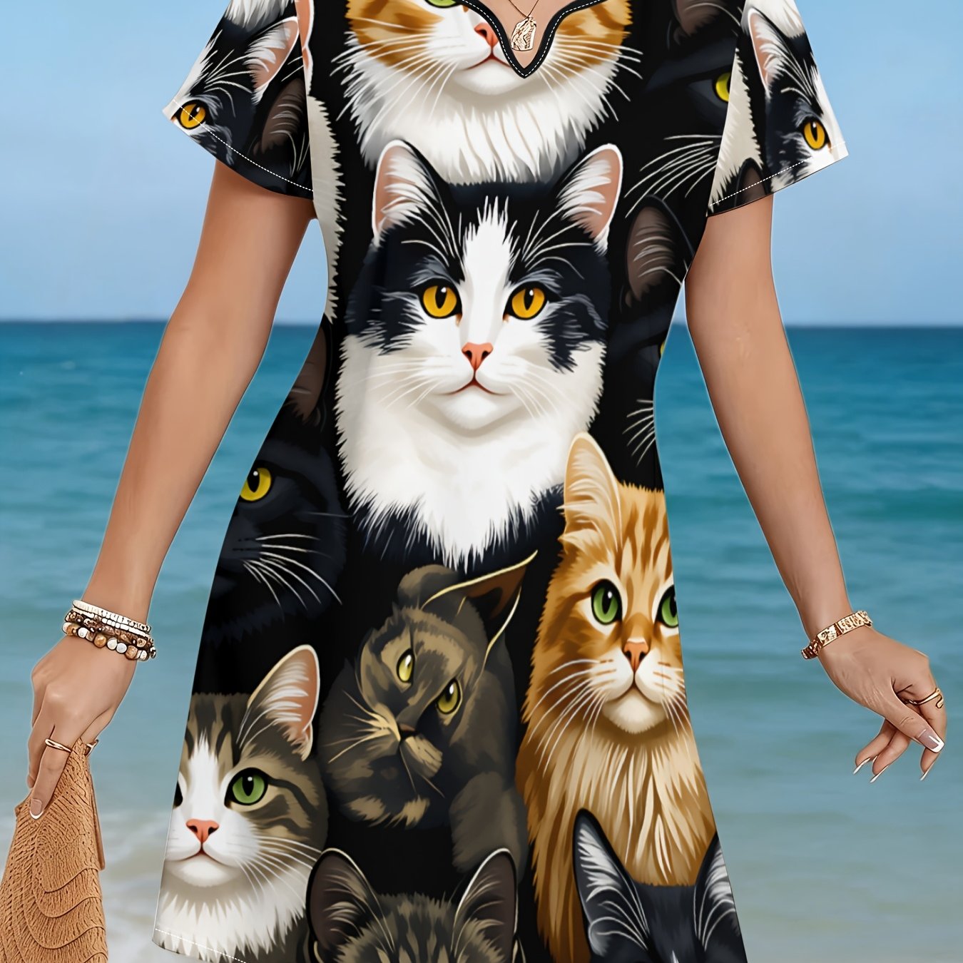 TEMU Color-block Cat Print Short Sleeve Dress, V-neck Loose Body-covering Cat-style Dress