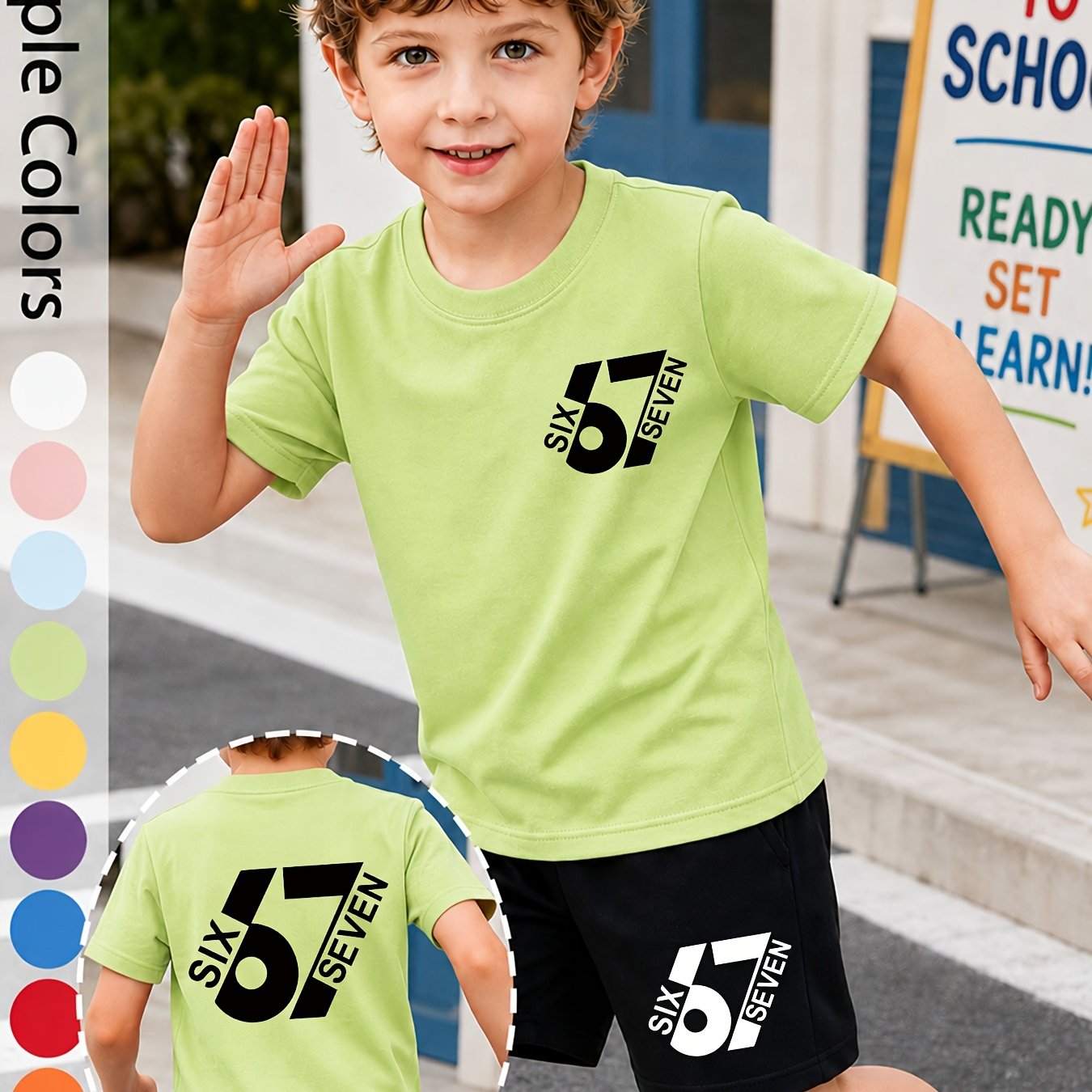 2026 67 Number Double-sided Print Boys' Set 100% Casual Athletic 2pcs Outfit Spring Summer Trendy Minimalist Round Neck Top And Elastic Waist Shorts, , Non-3d, For Outdoor