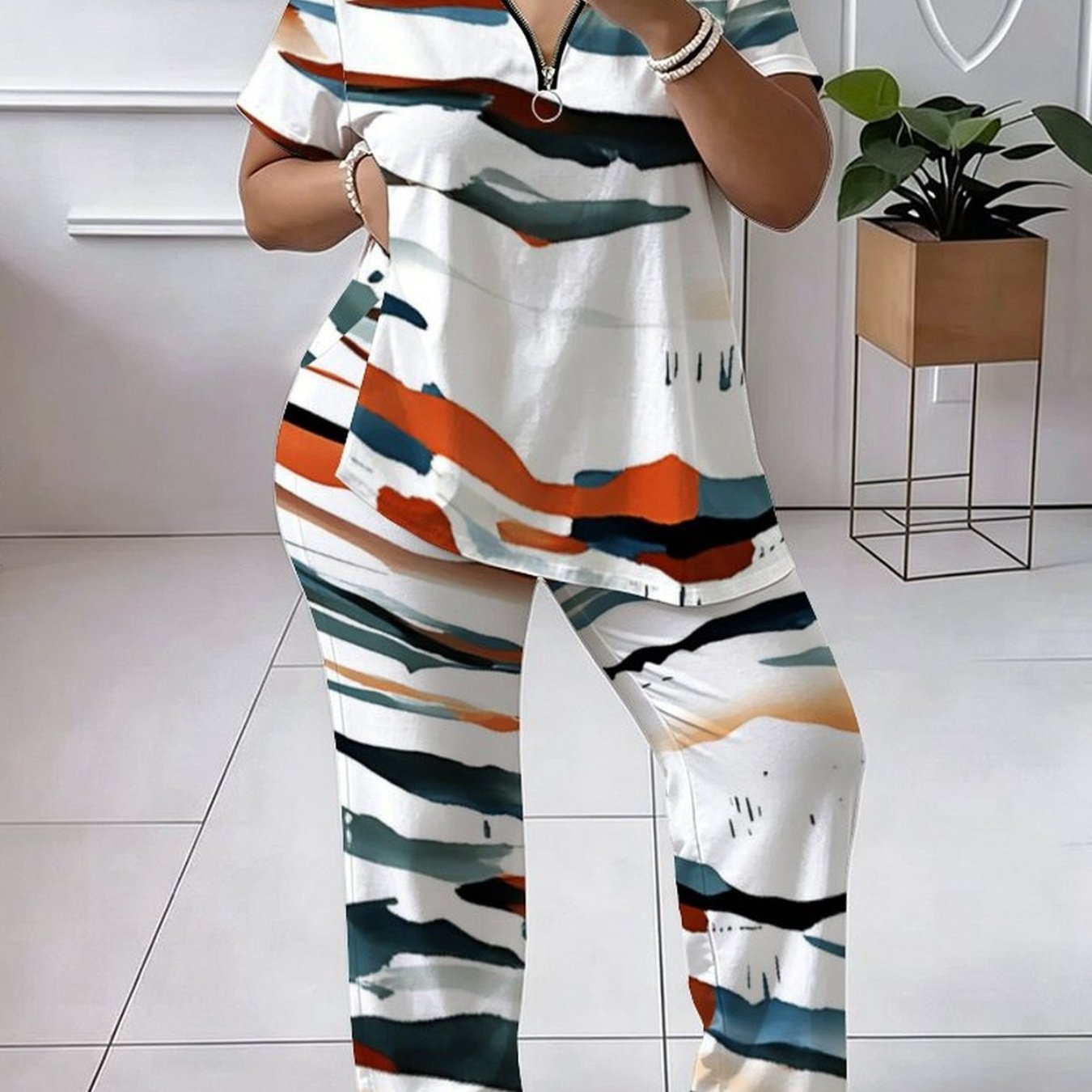 Image of Plus Size - Women's Set, Plus Size Women's Set, Tie-dye Print, Casual Party, Comfortable Material, Trendy Short-sleeve Top, Comfortable And Breathable Pants Set